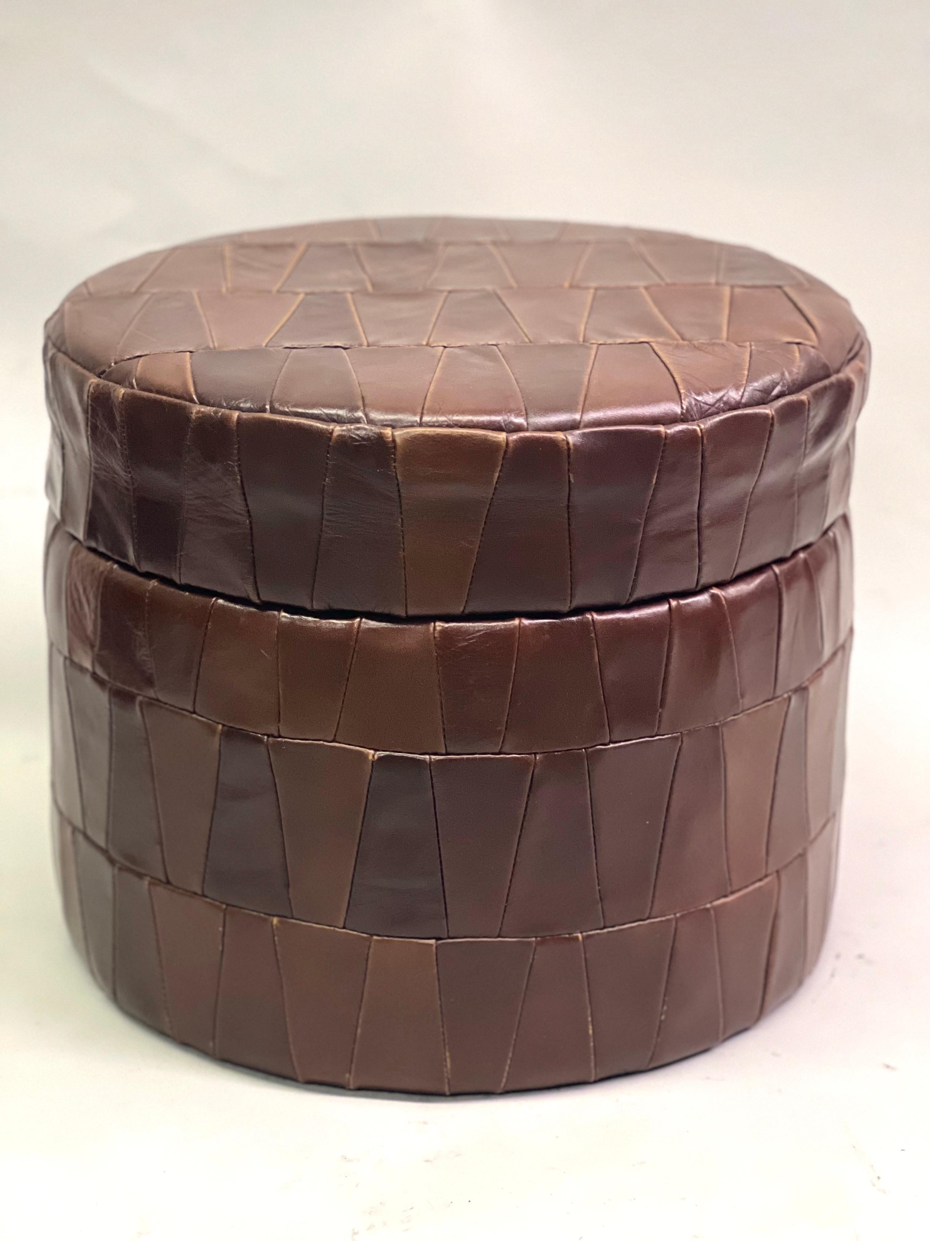 Pair of Swiss Modern Patchwork Leather Storage Ottomans/ Stools by De Sede, 1960 For Sale 4