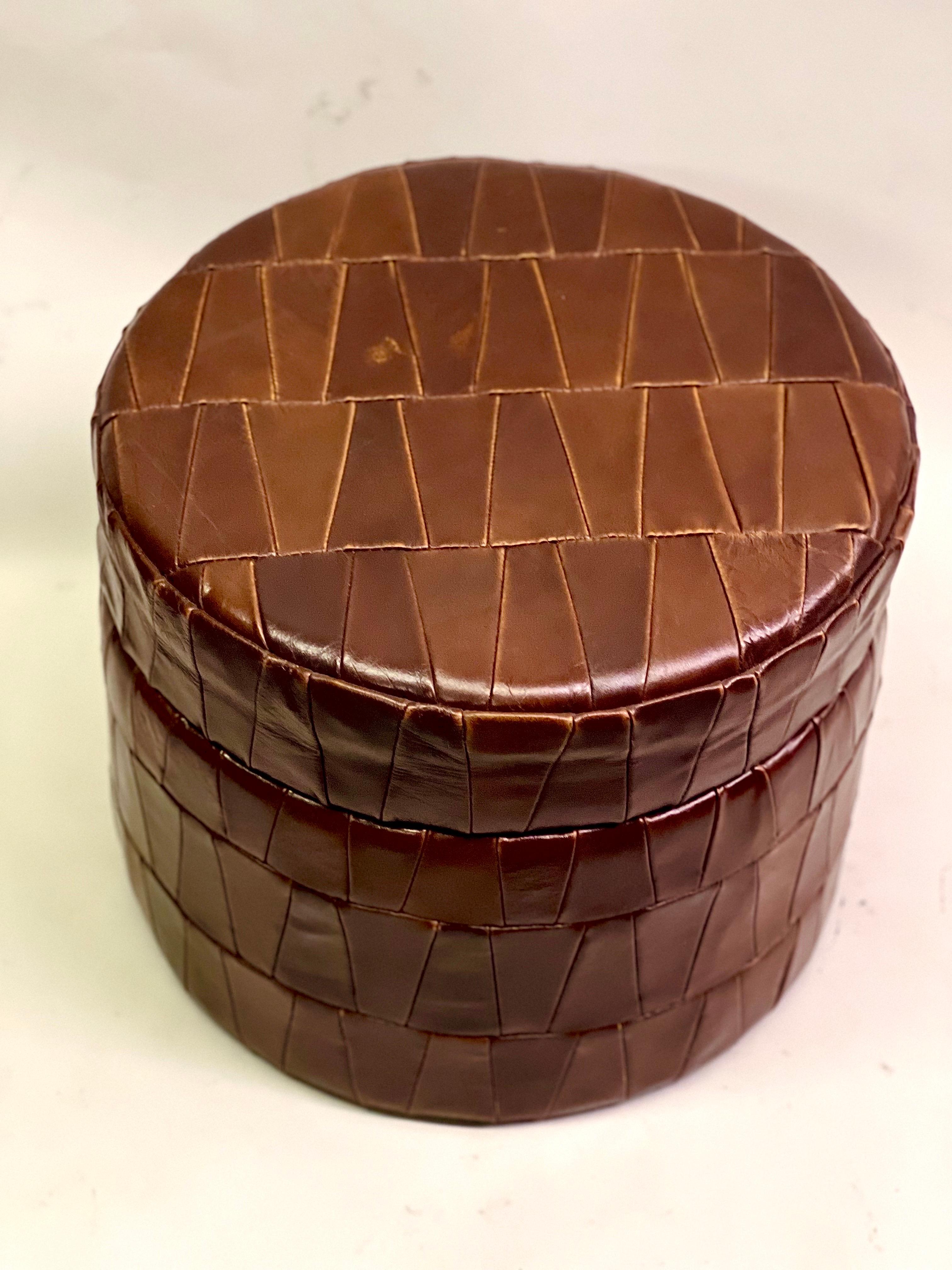 Pair of Swiss Modern Patchwork Leather Storage Ottomans/ Stools by De Sede, 1960 For Sale 5