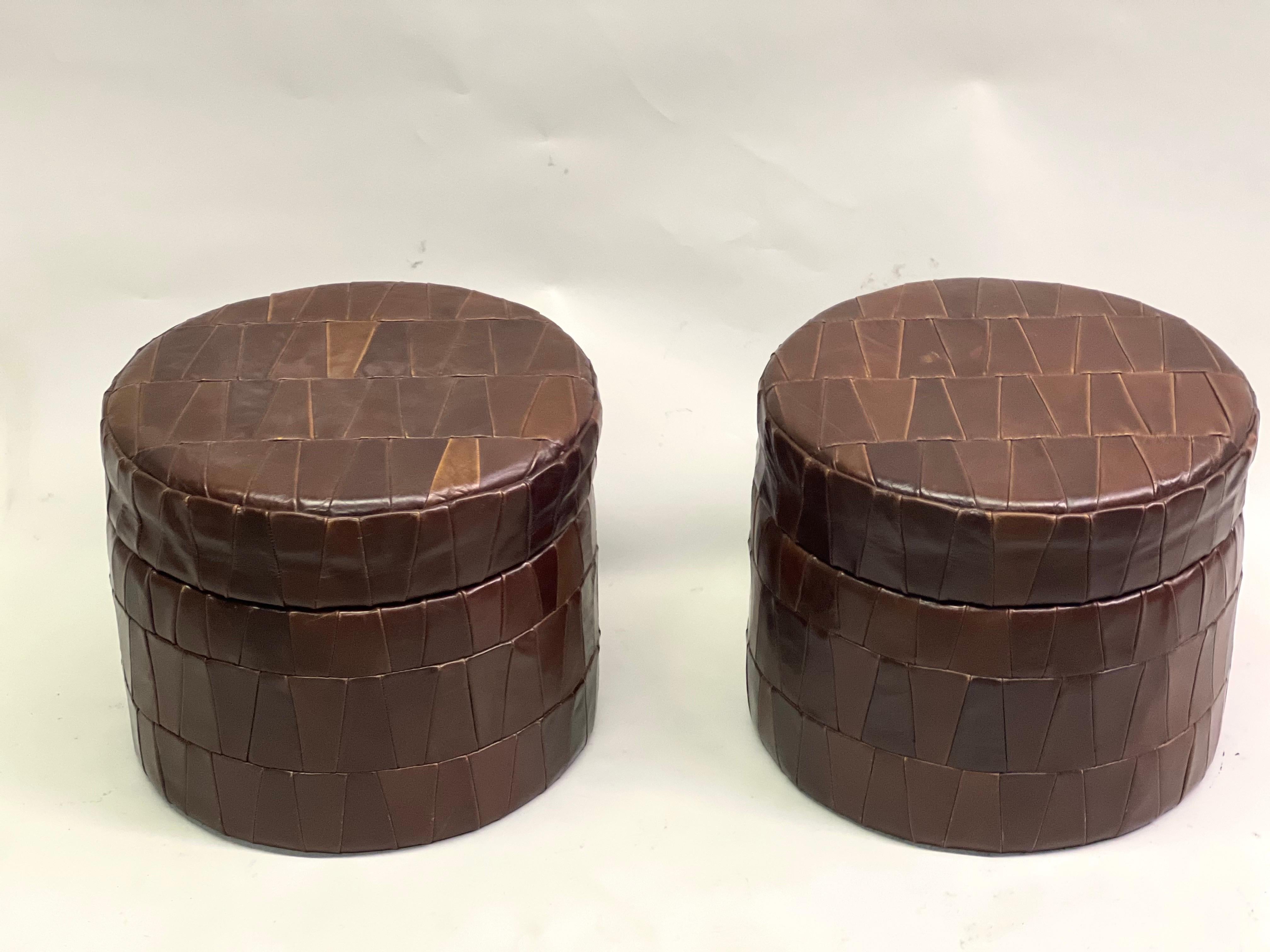 Mid-Century Modern Pair of Swiss Modern Patchwork Leather Storage Ottomans/ Stools by De Sede, 1960 For Sale