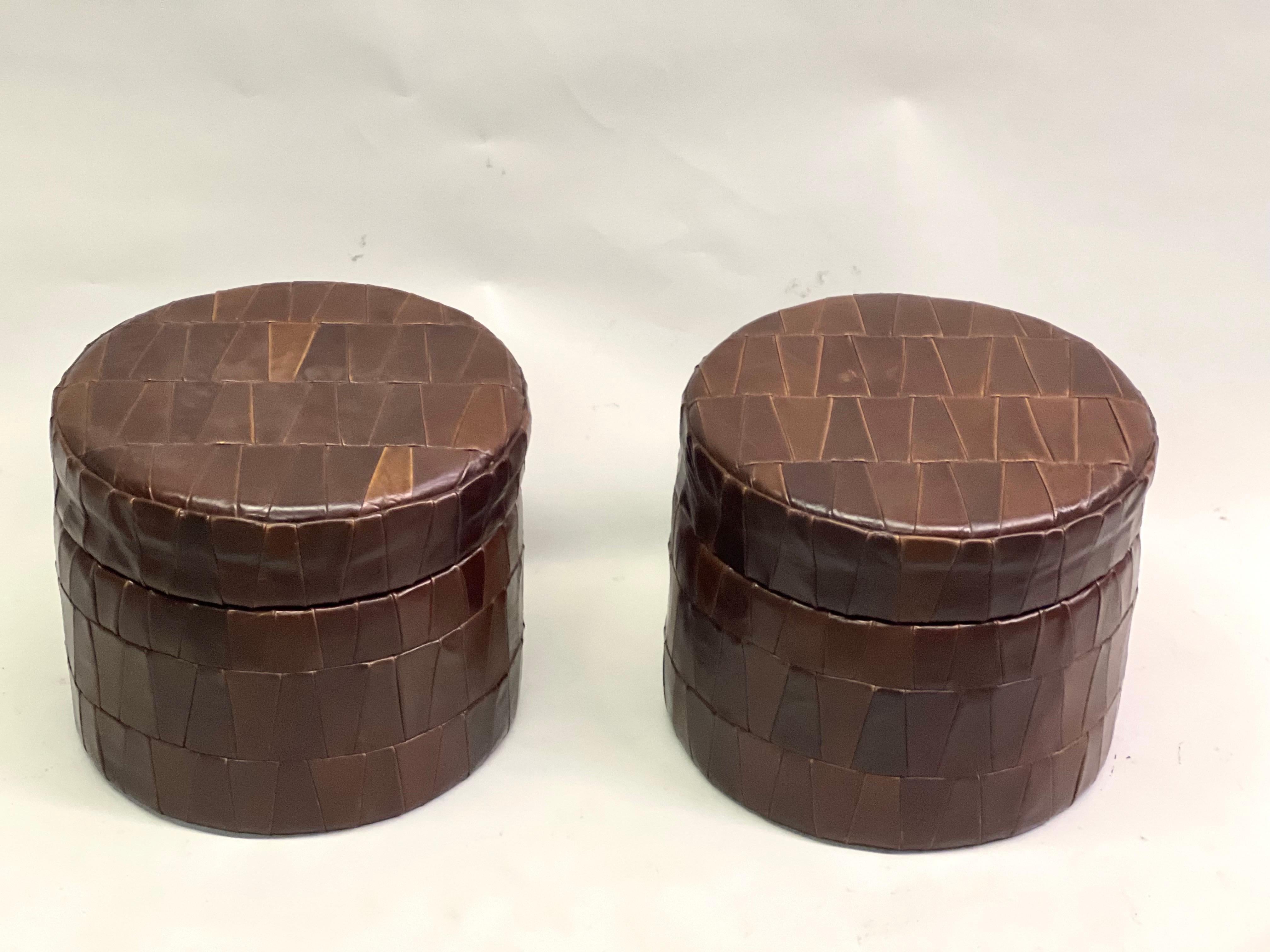 Hand-Crafted Pair of Swiss Modern Patchwork Leather Storage Ottomans/ Stools by De Sede, 1960 For Sale