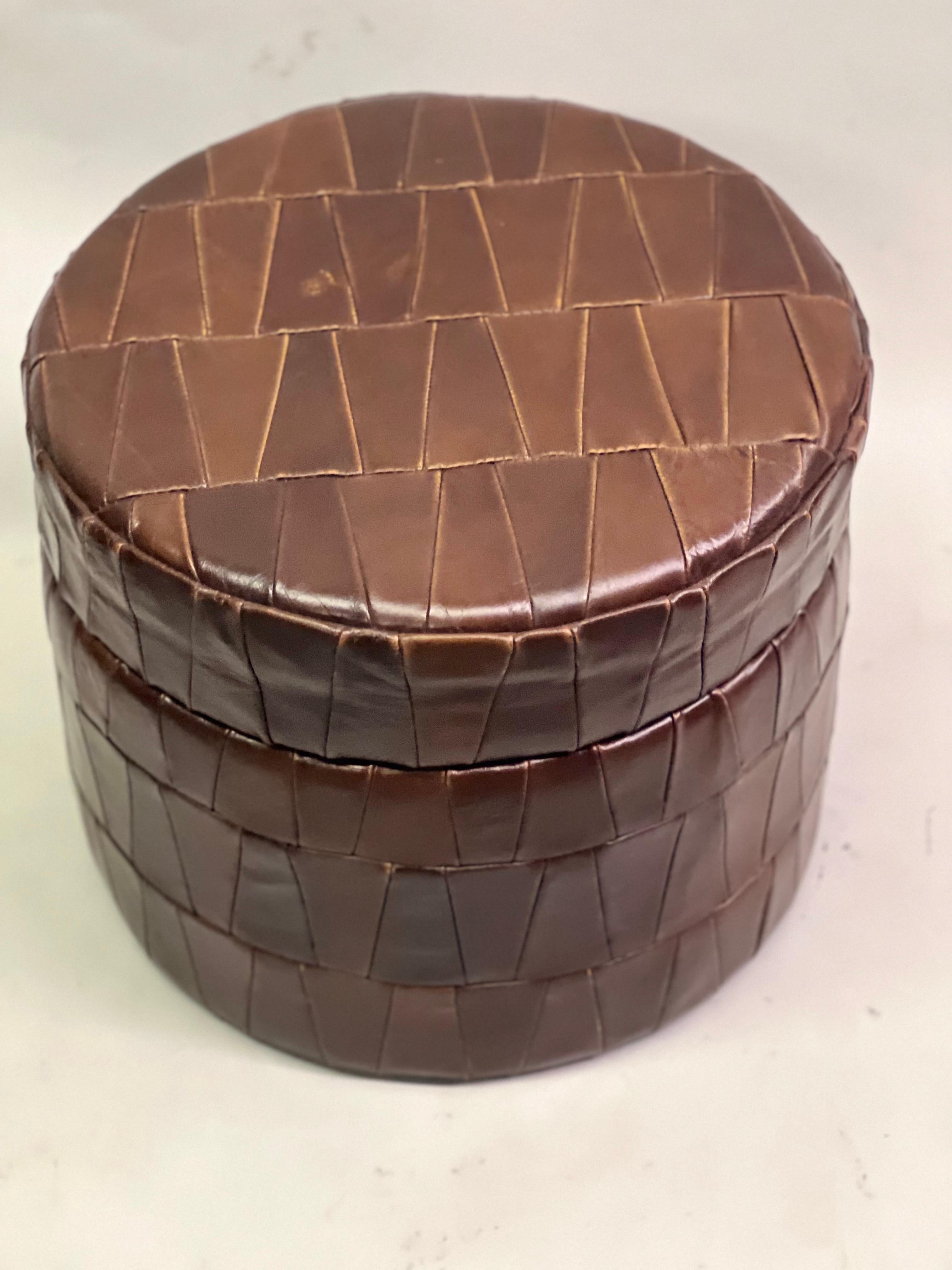 20th Century Pair of Swiss Modern Patchwork Leather Storage Ottomans/ Stools by De Sede, 1960 For Sale