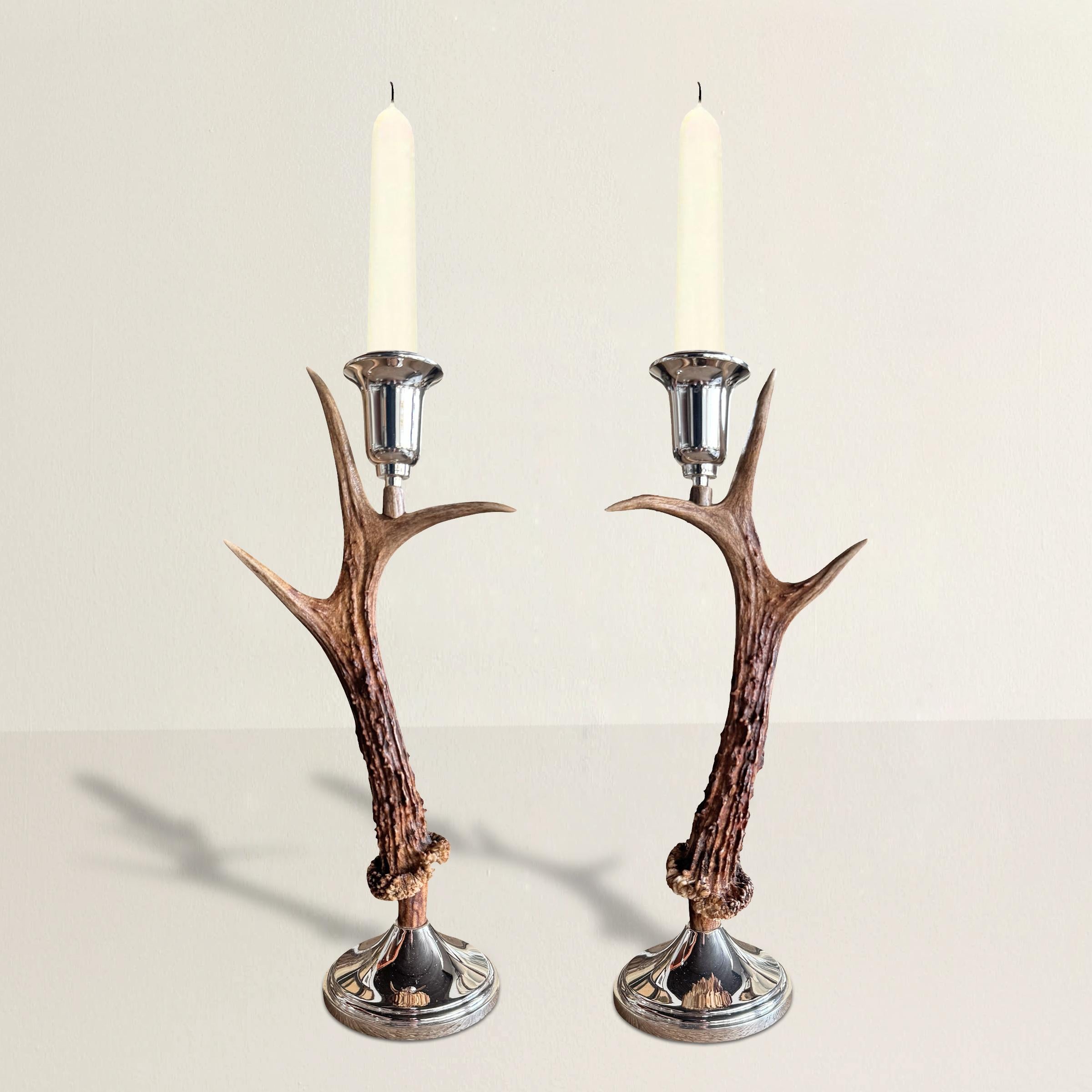 Rooted in classic Black Forest tradition, this exquisite pair of Swiss candlesticks brings the wild beauty of the Alps straight into your home. Each one is crafted from naturally shed roe deer antlers, their rugged, twisting forms giving them a raw,