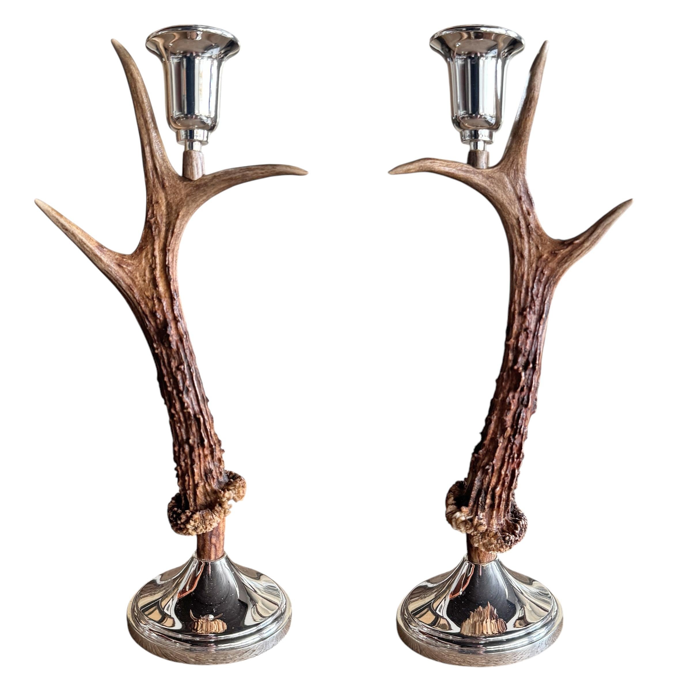 Rustic Pair of Swiss Roe Deer Candlesticks For Sale