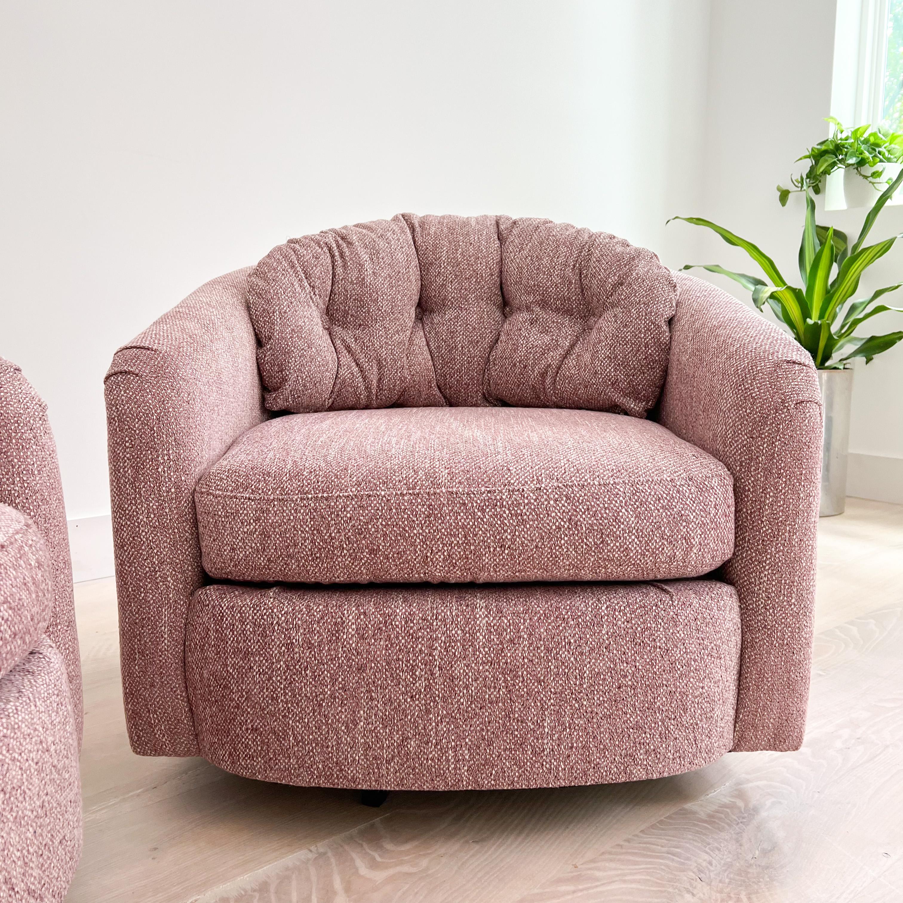 Late 20th Century Pair of Swivel Barrel Swivel Lounge Chairs, New Upholstery, circa 1970s