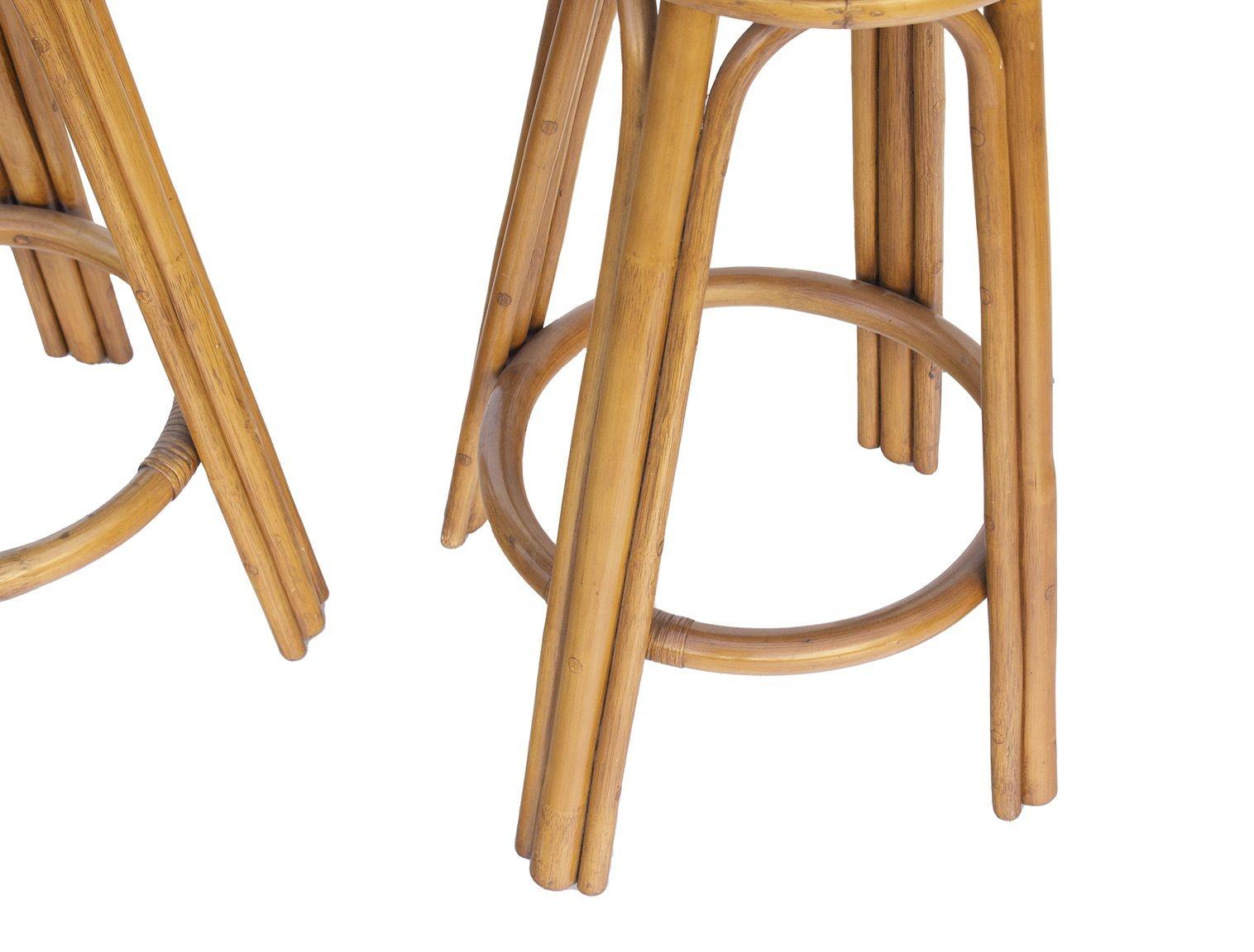 American Pair of Swivel Barstools in Rattan and Leather