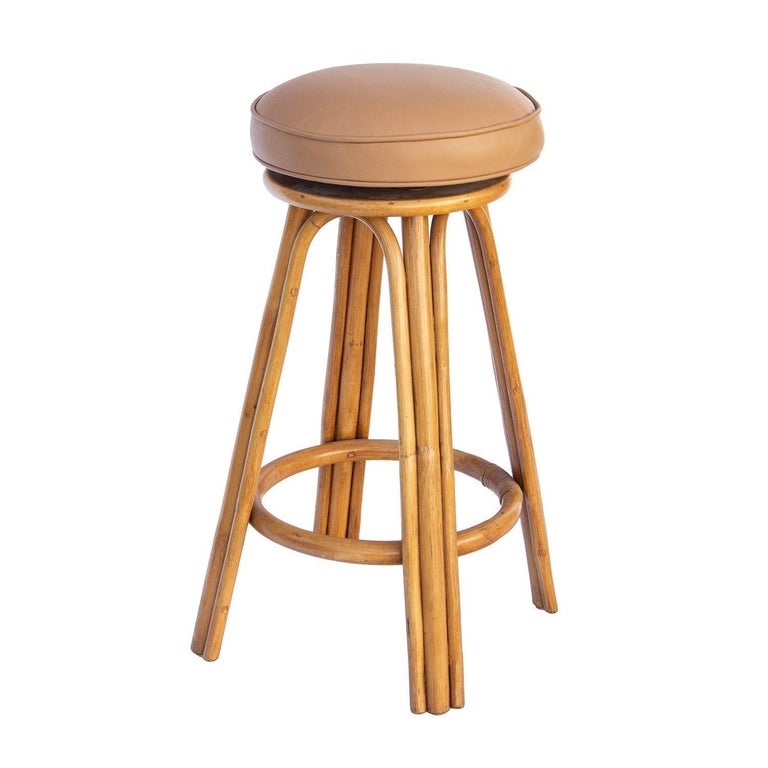 Pair of Swivel Barstools in Rattan and Leather For Sale at 1stDibs