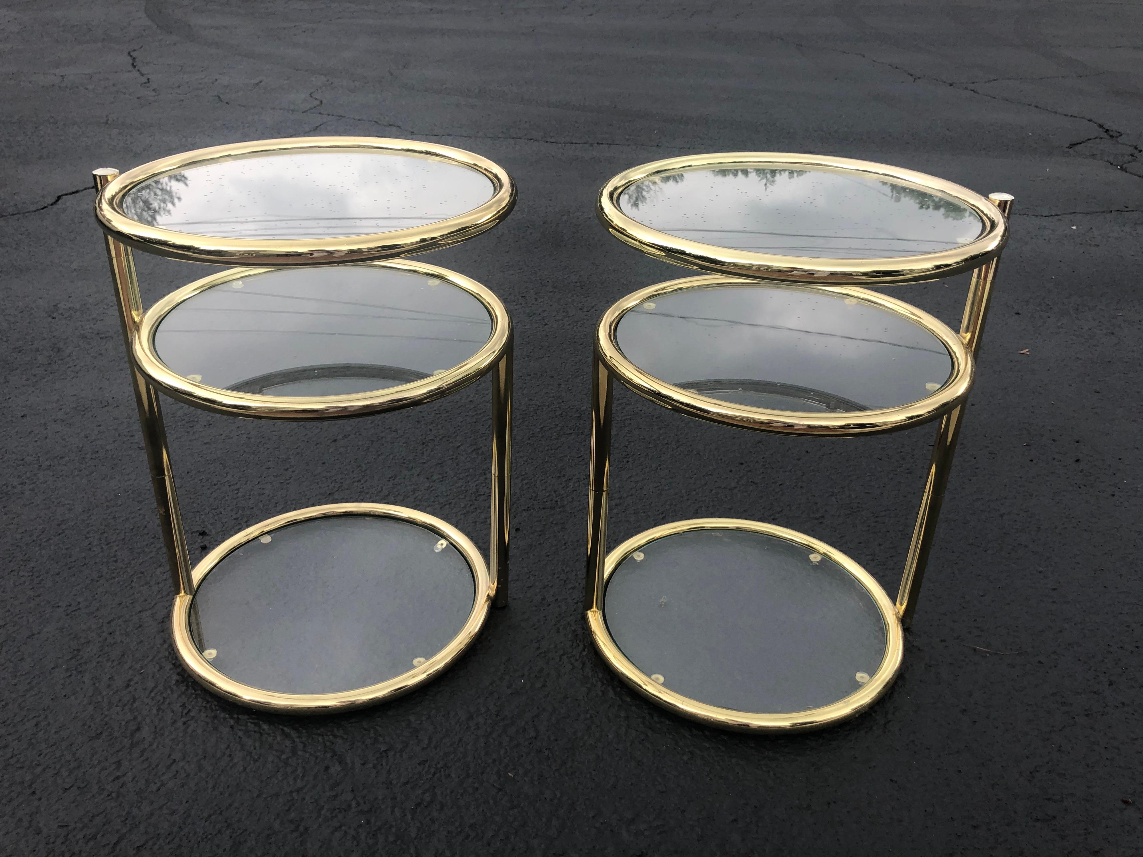 Pair of Swivel Brass and Glass End Tables For Sale 7