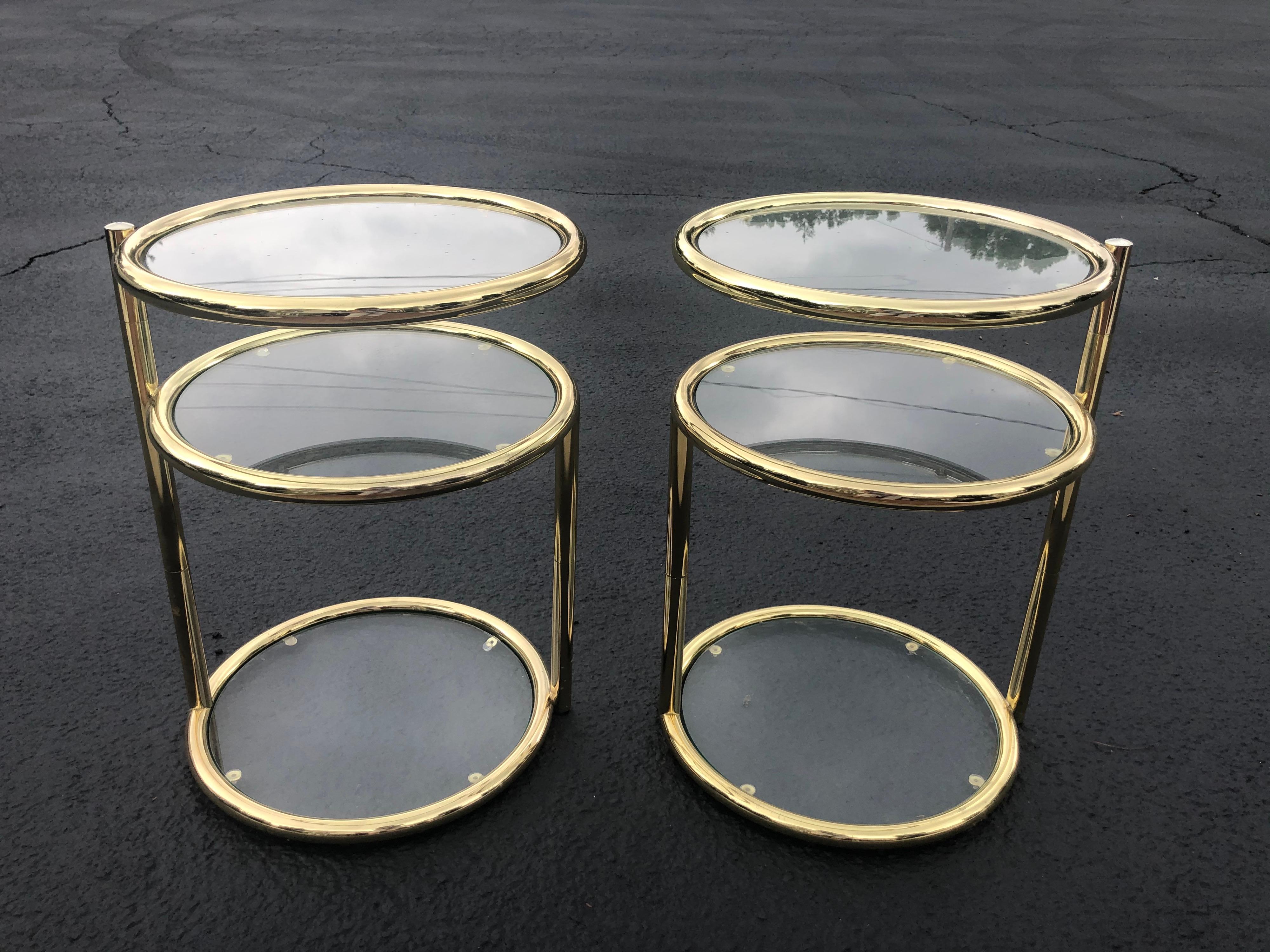 Pair of Swivel Brass and Glass End Tables In Good Condition For Sale In Redding, CT