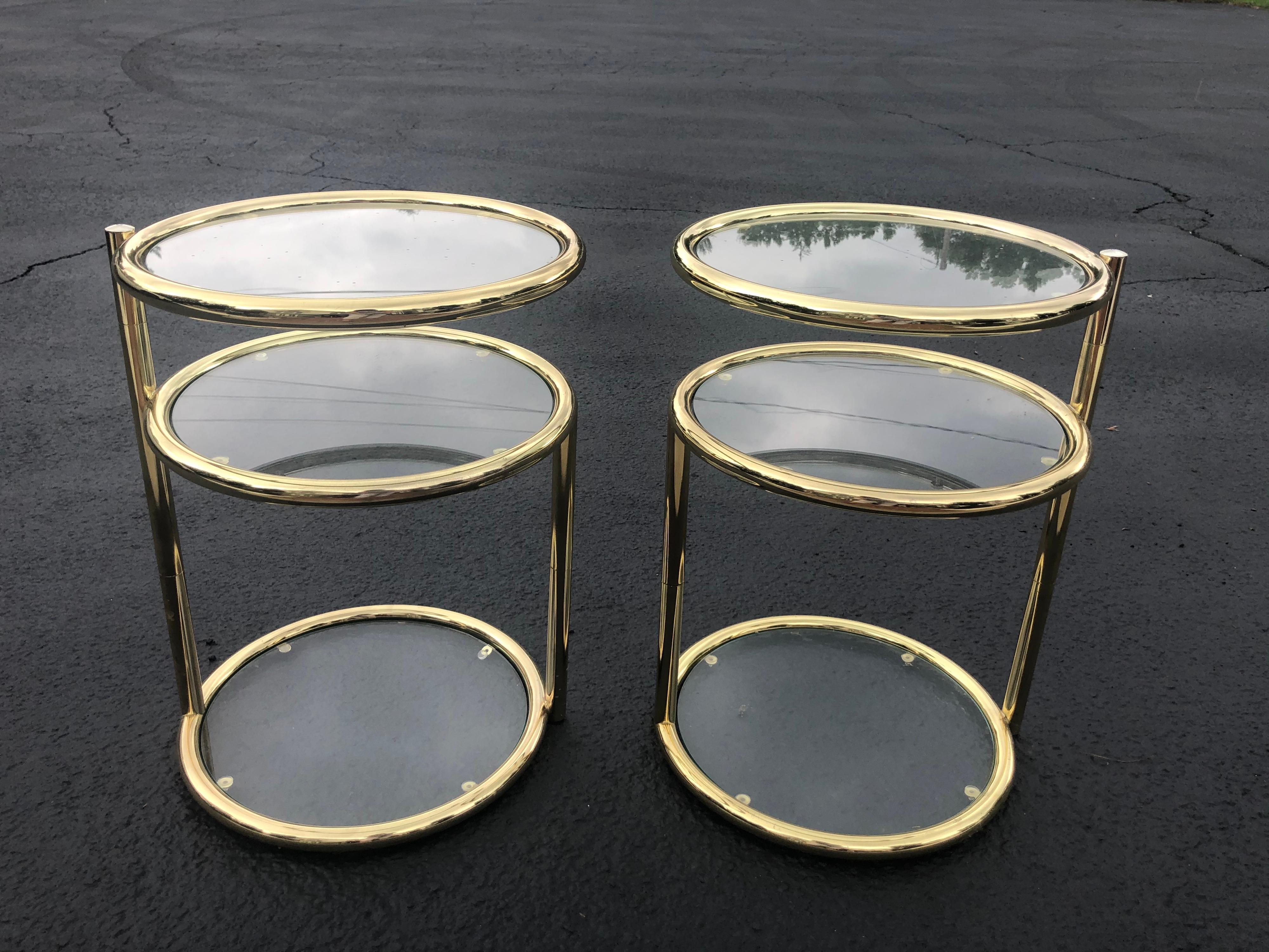 Late 20th Century Pair of Swivel Brass and Glass End Tables For Sale