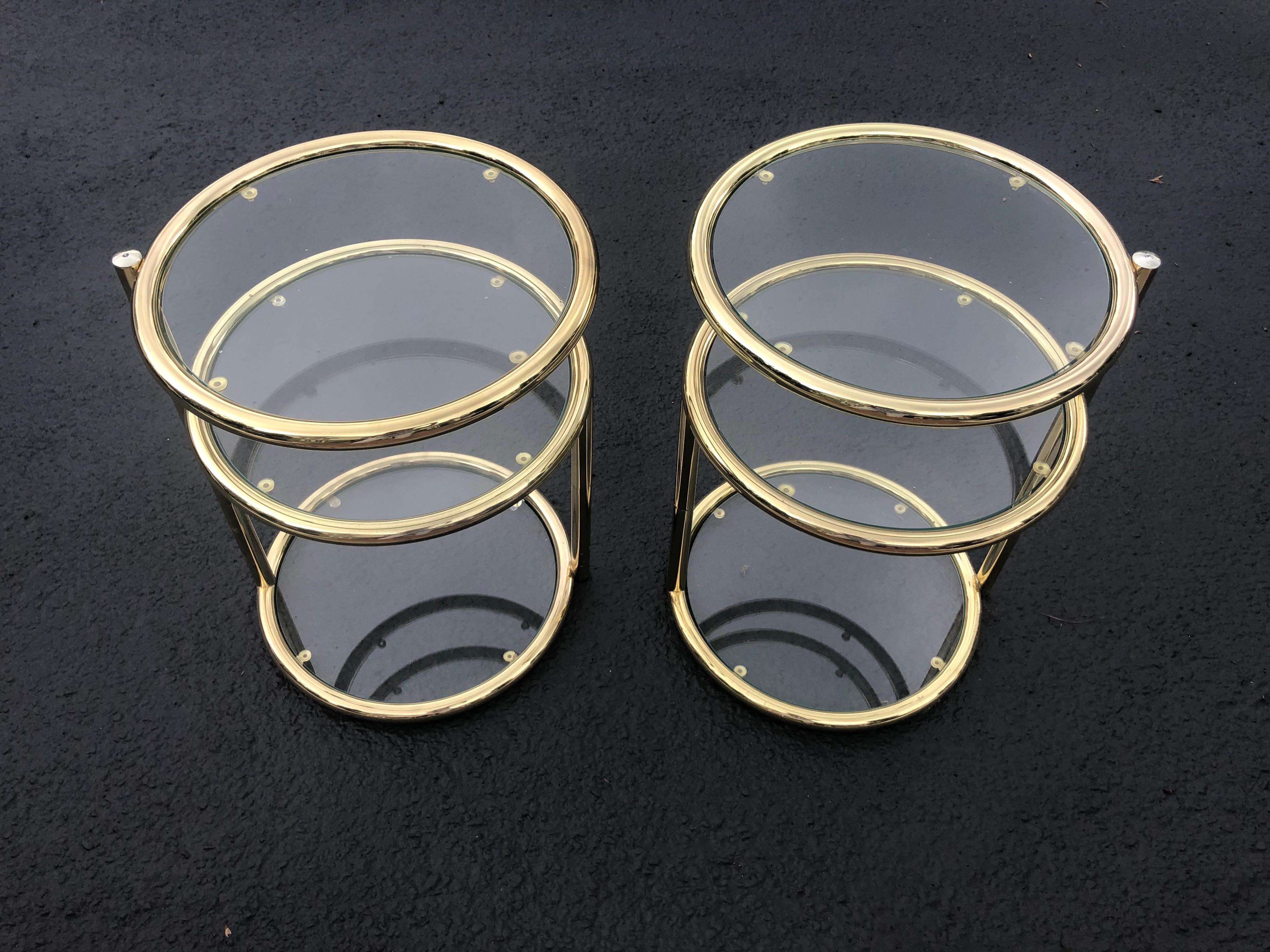 Pair of Swivel Brass and Glass End Tables For Sale 3