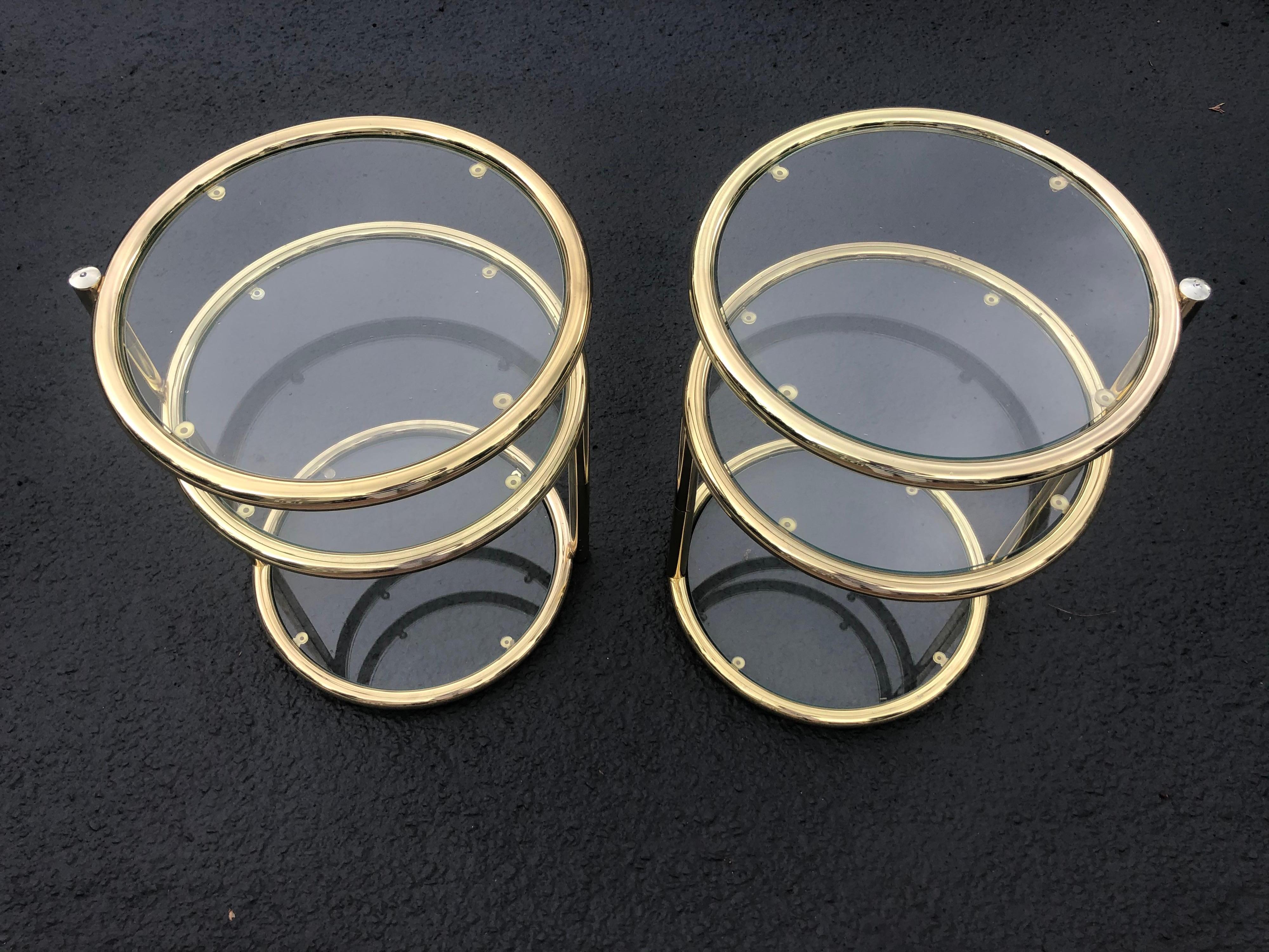 Pair of Swivel Brass and Glass End Tables For Sale 4