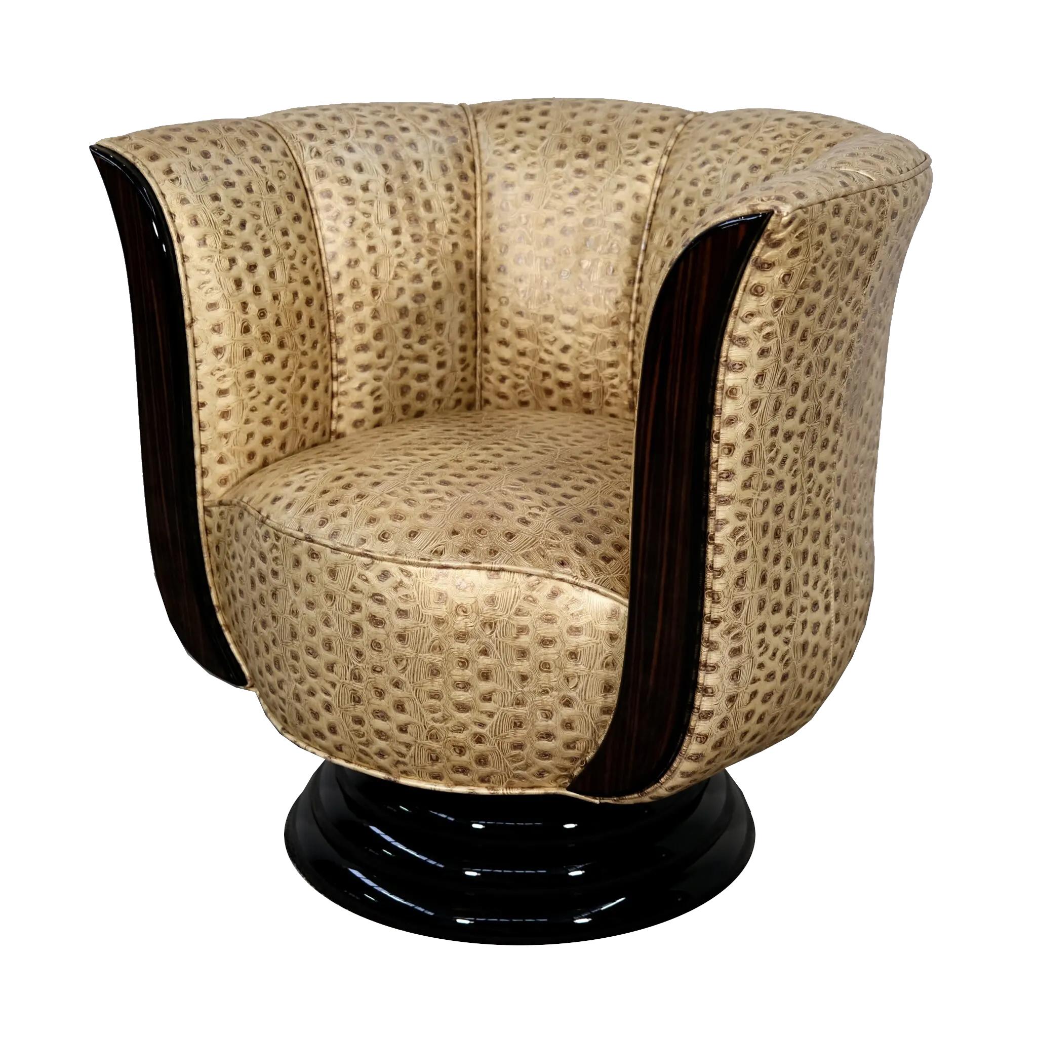 Pair of swivel chairs
The pair of swivel chairs described are new creations in the Art Deco style. They are covered with high-quality, gold-colored leather with a reptile look and lavishly upholstered. The panels are veneered in high-quality