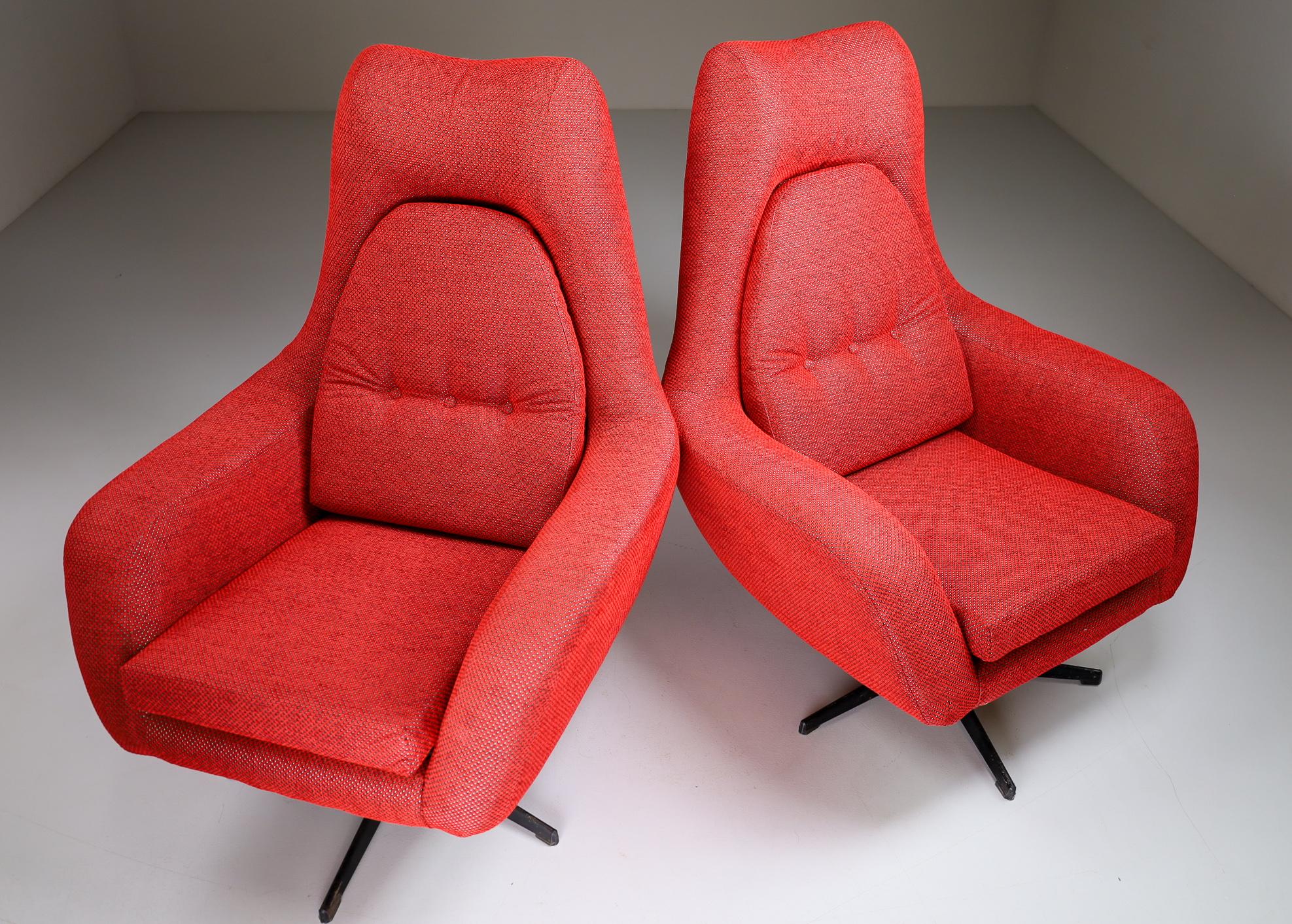 Late 20th Century Pair of Swivel Chairs in New Reupholstered Red Fabric, Czech Republic 1970 For Sale