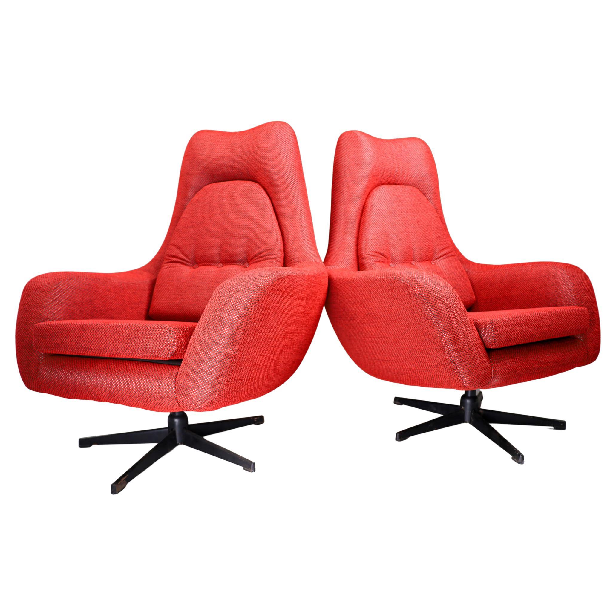 Pair of Swivel Chairs in New Reupholstered Red Fabric, Czech Republic 1970 For Sale