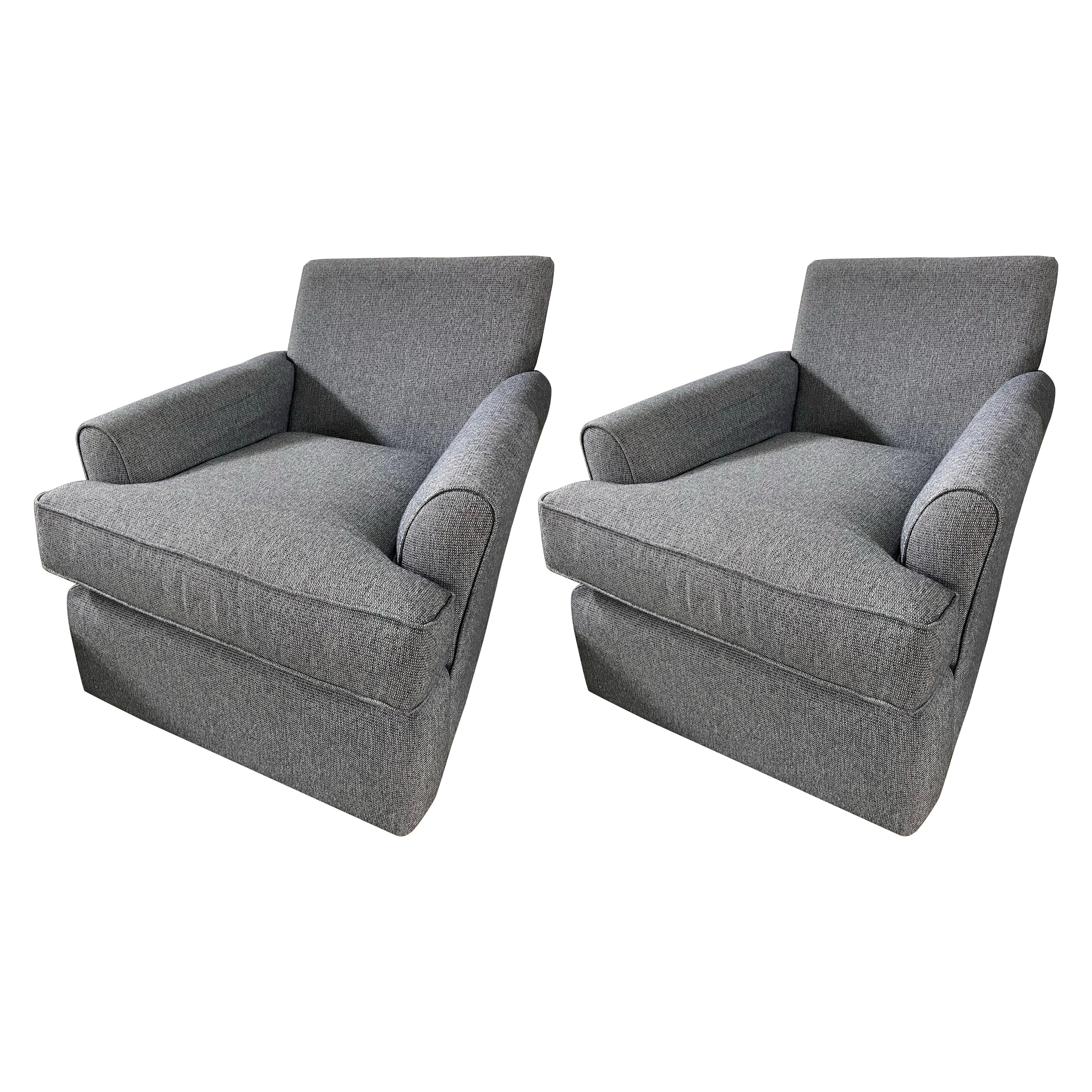 Pair of Swivel Club Chairs Upholstered in a Blue Tone Fabric, 21st Century