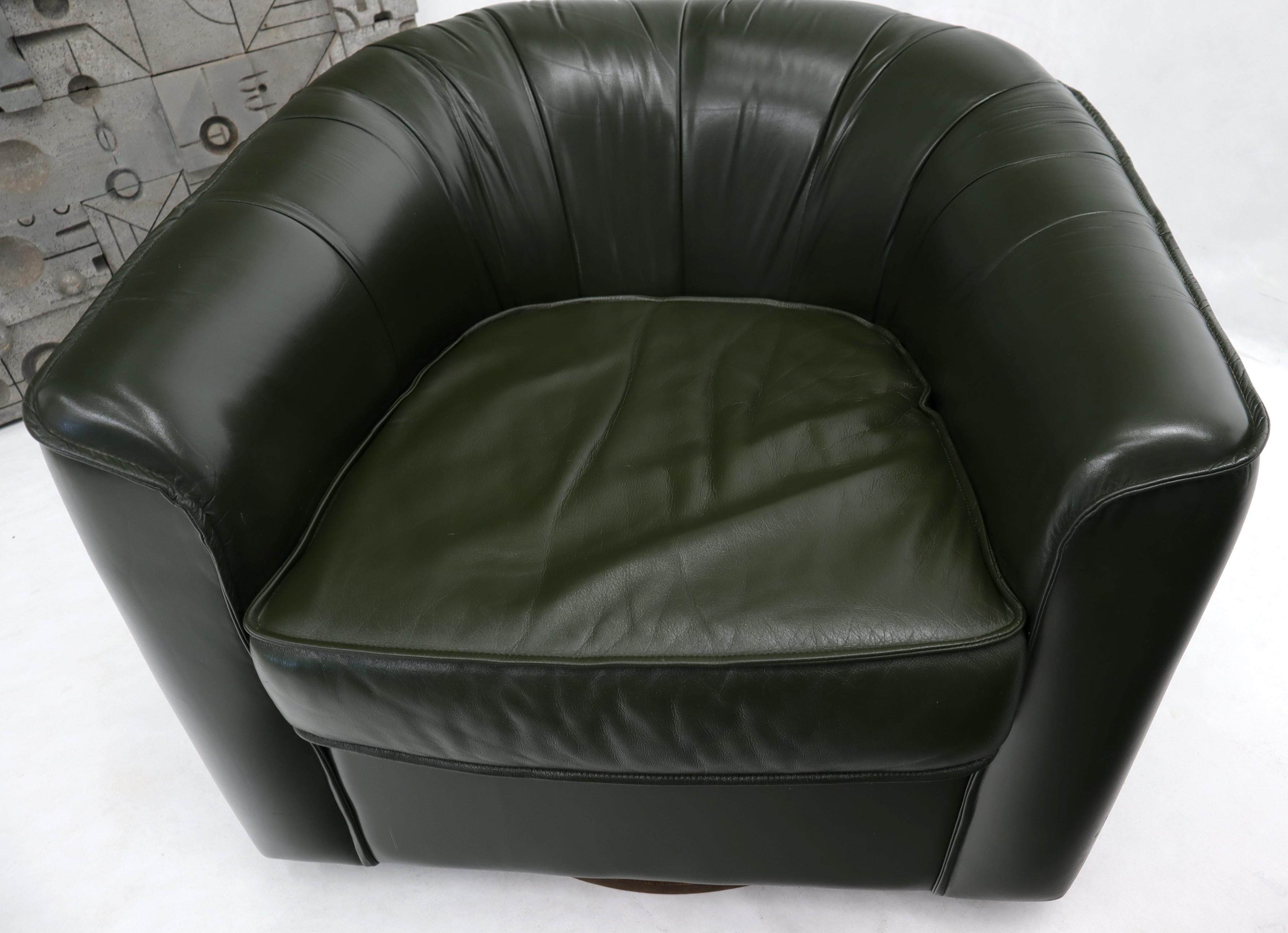 Pair of Swivel Dark Olive Green Leather Upholstery Lounge Chairs with Ottoman 3