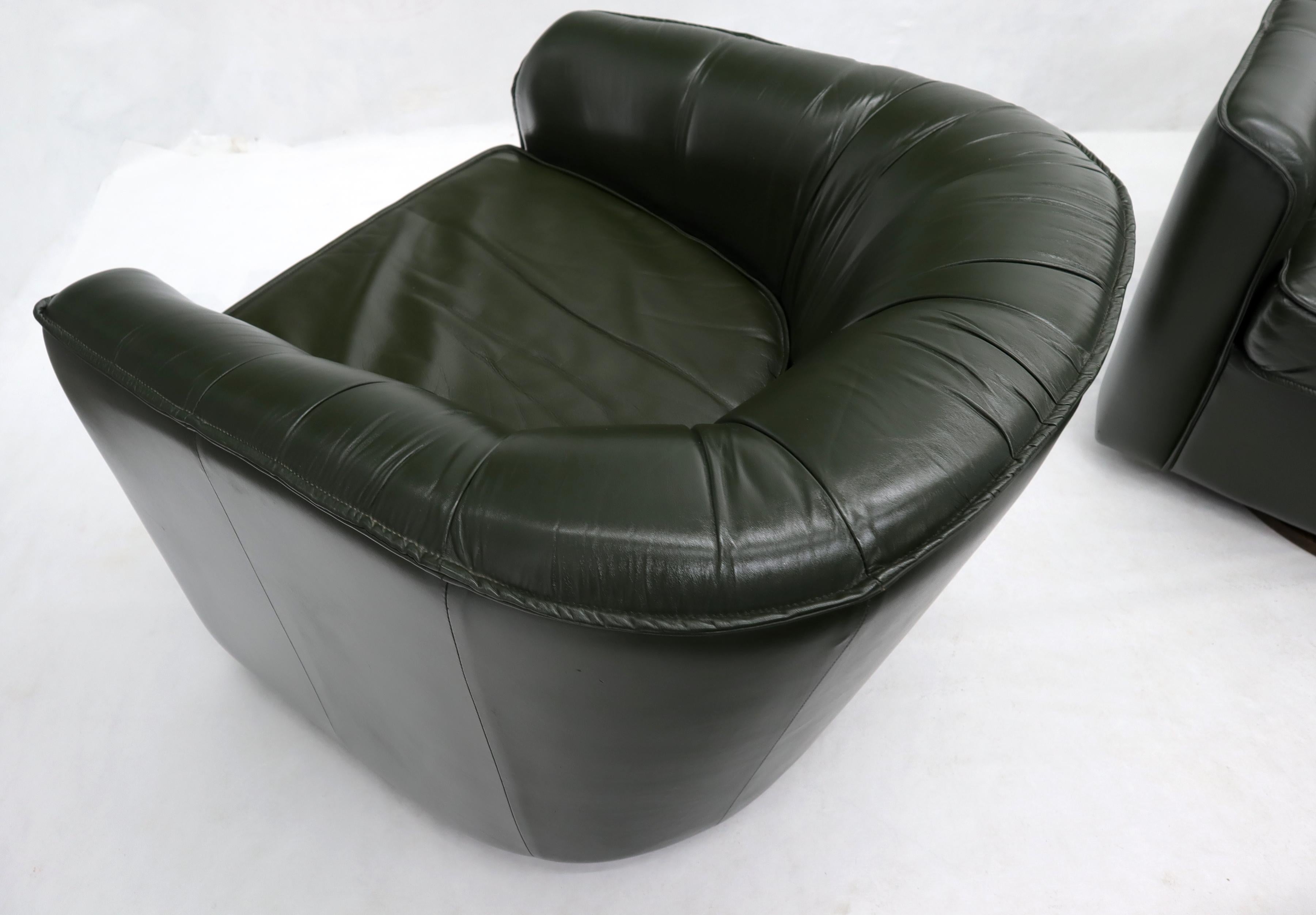 Pair of Swivel Dark Olive Green Leather Upholstery Lounge Chairs with Ottoman 4