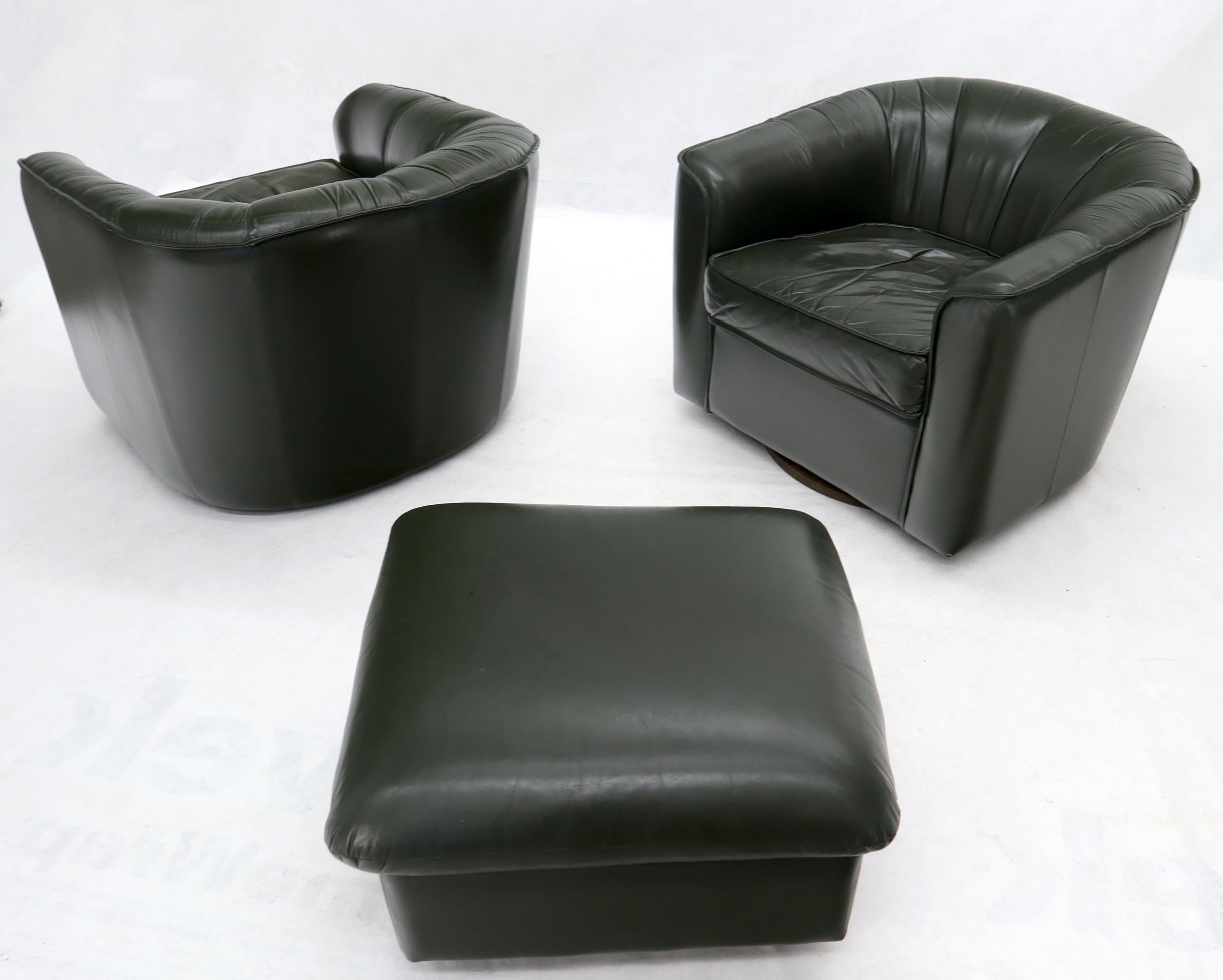 Pair of Swivel Dark Olive Green Leather Upholstery Lounge Chairs with Ottoman 6