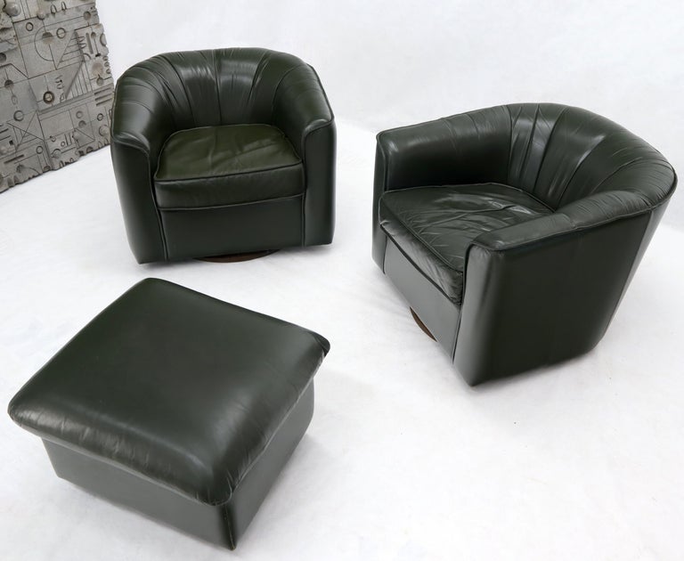 Pair Of Swivel Dark Olive Green Leather, Leather Swivel Barrel Chair With Ottoman