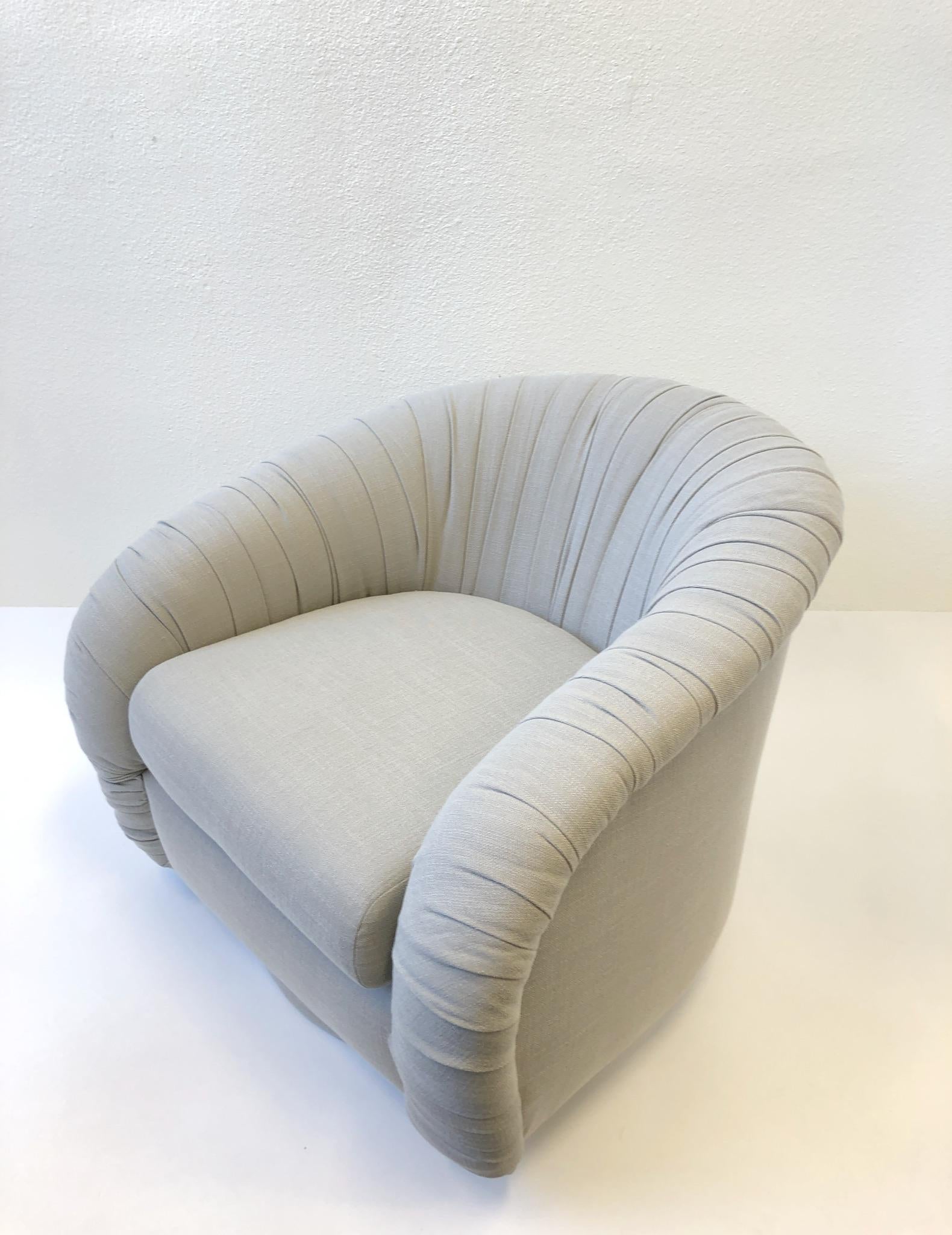 Fabric Pair of Swivel Lounge Chairs in the Manner of Milo Baughman