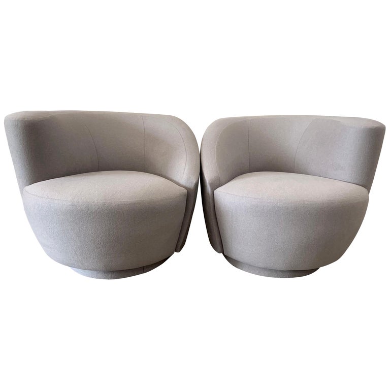 Pair of Swivel Parlor Chairs Upholstered in Light Grey Wool For