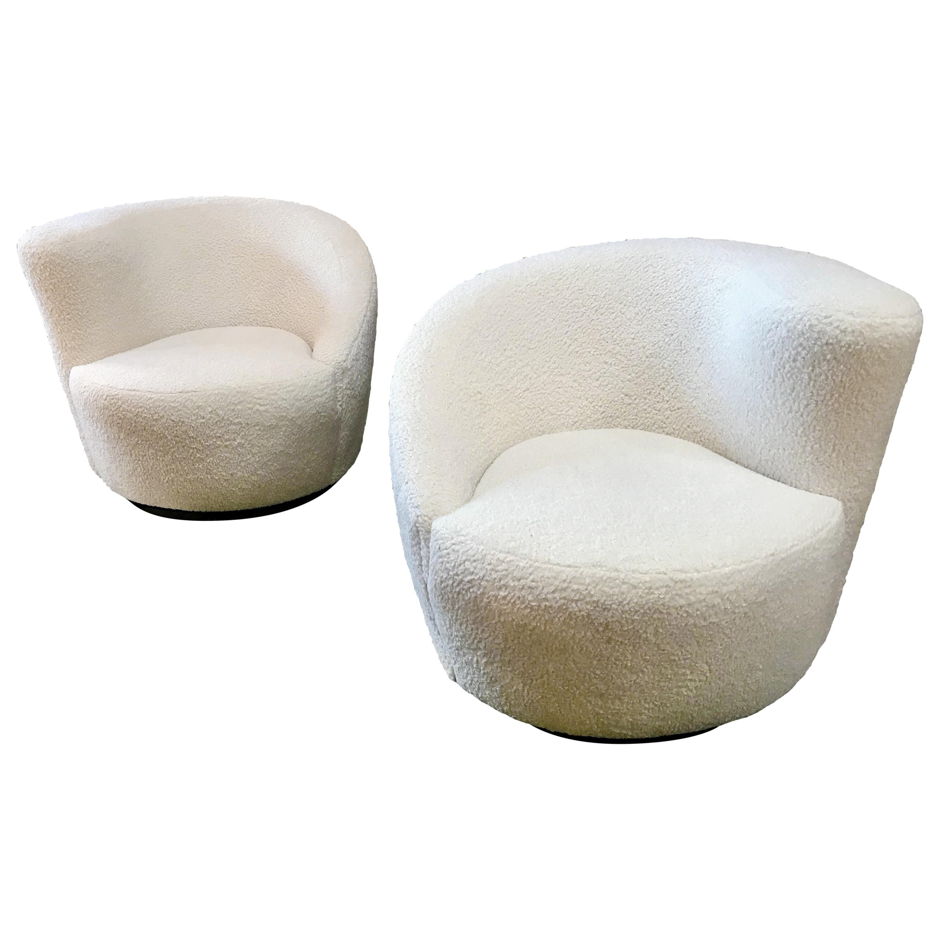 Pair of Swivel Parlor Chairs Upholstered in White Sheep Fabric, USA, 1960s