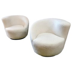 Vintage Pair of Swivel Parlor Chairs Upholstered in White Sheep Fabric, USA, 1960s