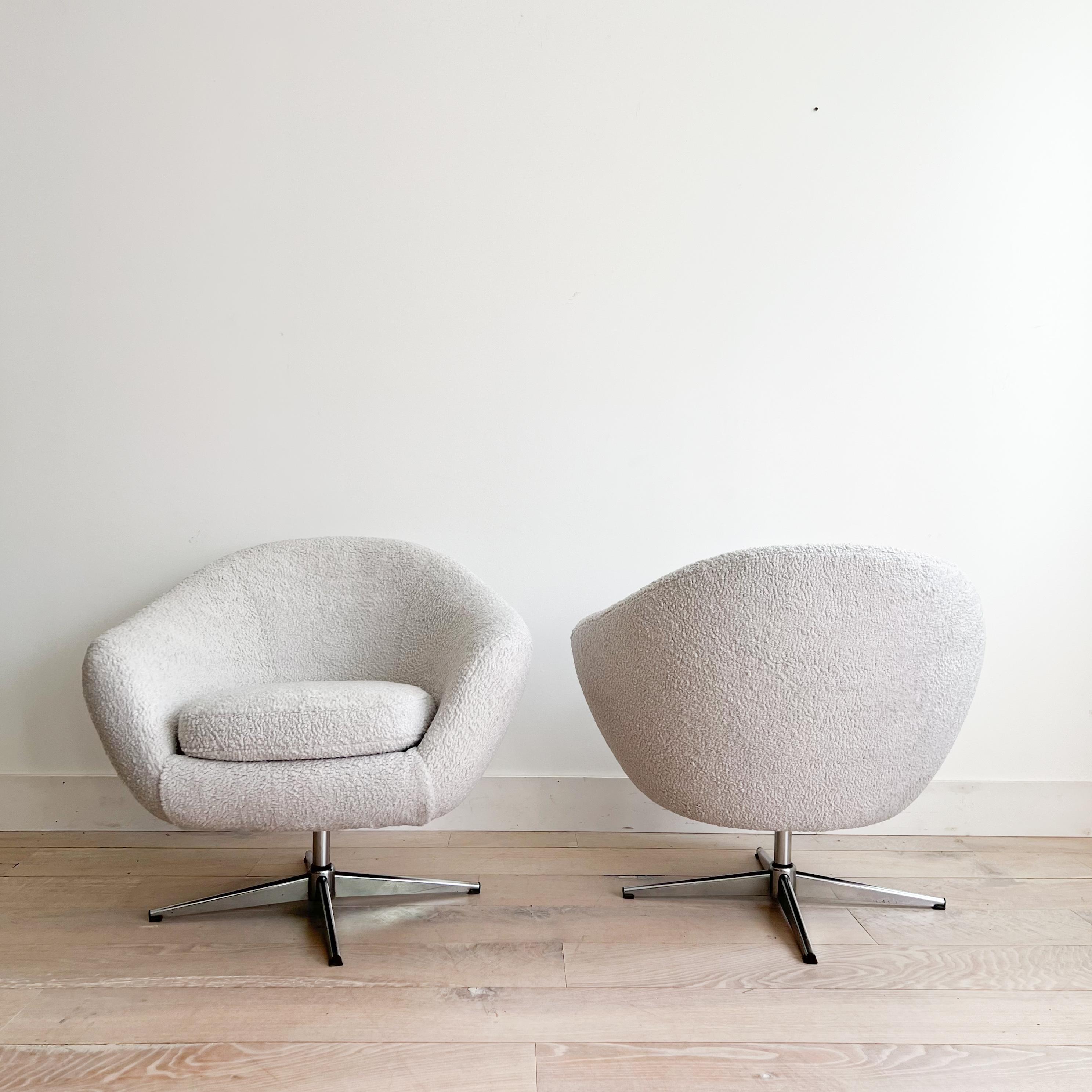 Mid-20th Century Pair of Swivel Pod Lounge Chairs w/ New Shearling Upholstery For Sale