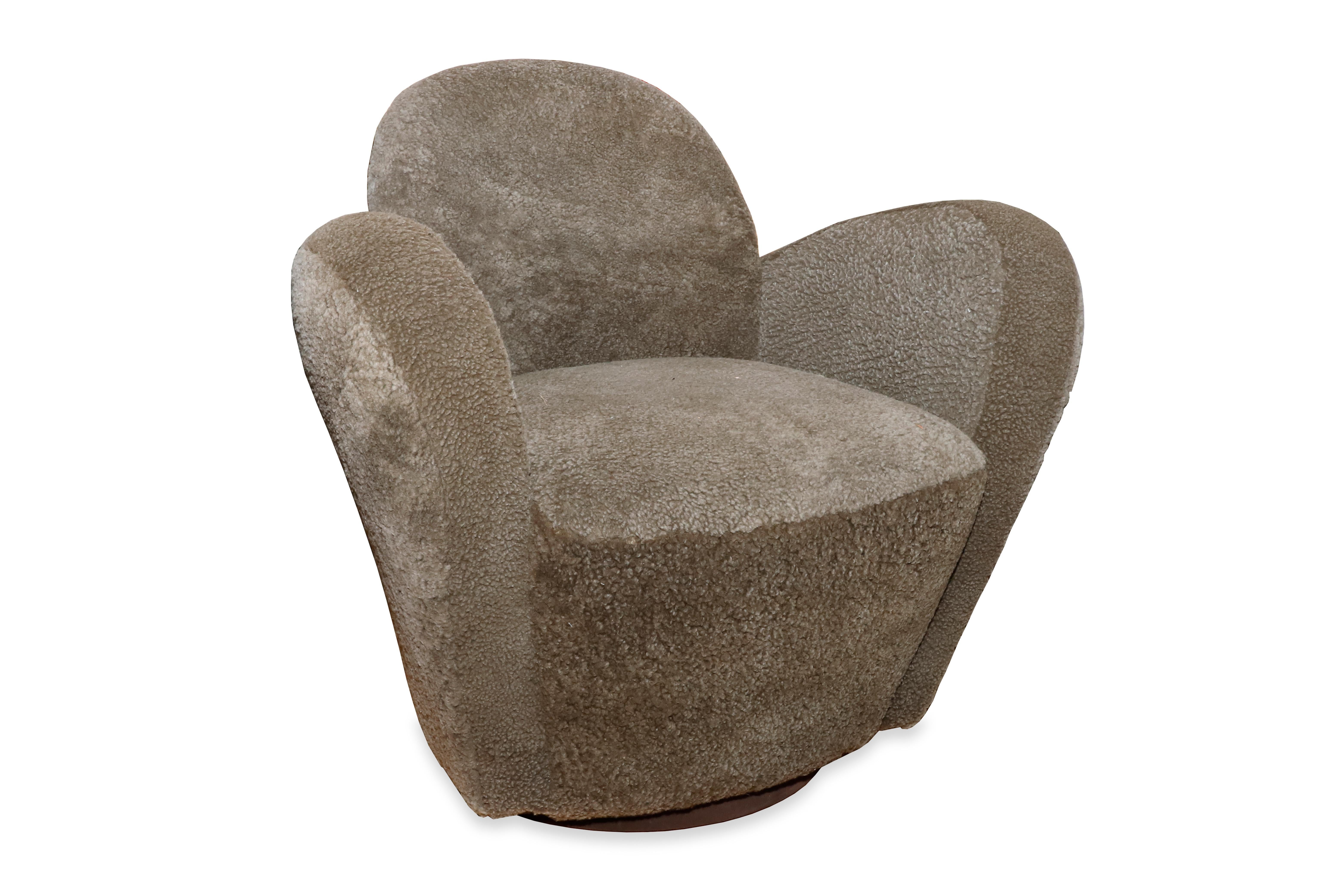 Art Deco Pair of Swivel Armchairs in Sheep Skin by Michael Wolk 