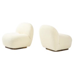 Pair of Swivel Slipper Lounge Chairs in Ivory Boucle and Brass Base, Italy, 2022