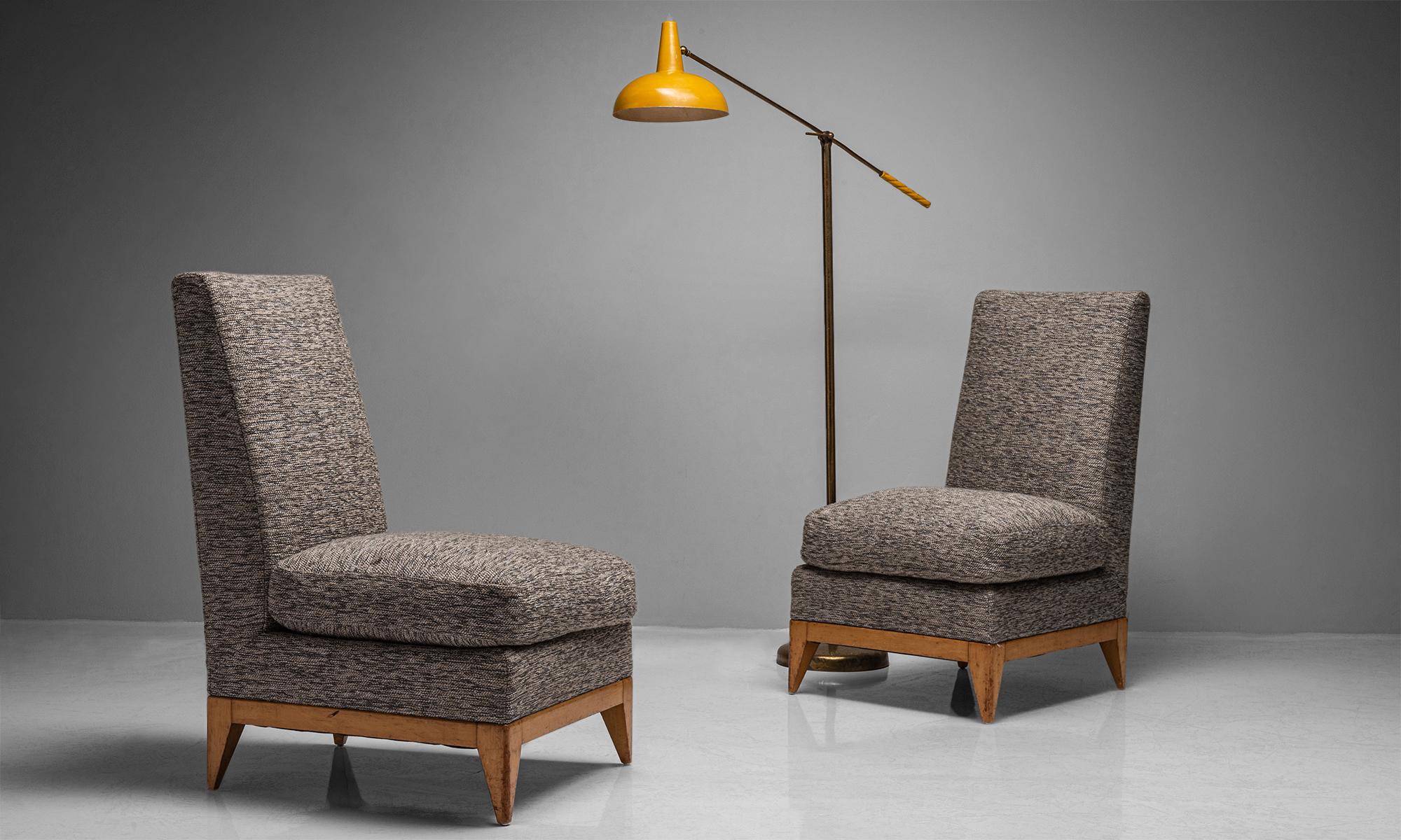 French Pair of Sycamore Upholstered Slipper Chairs, France, circa 1950