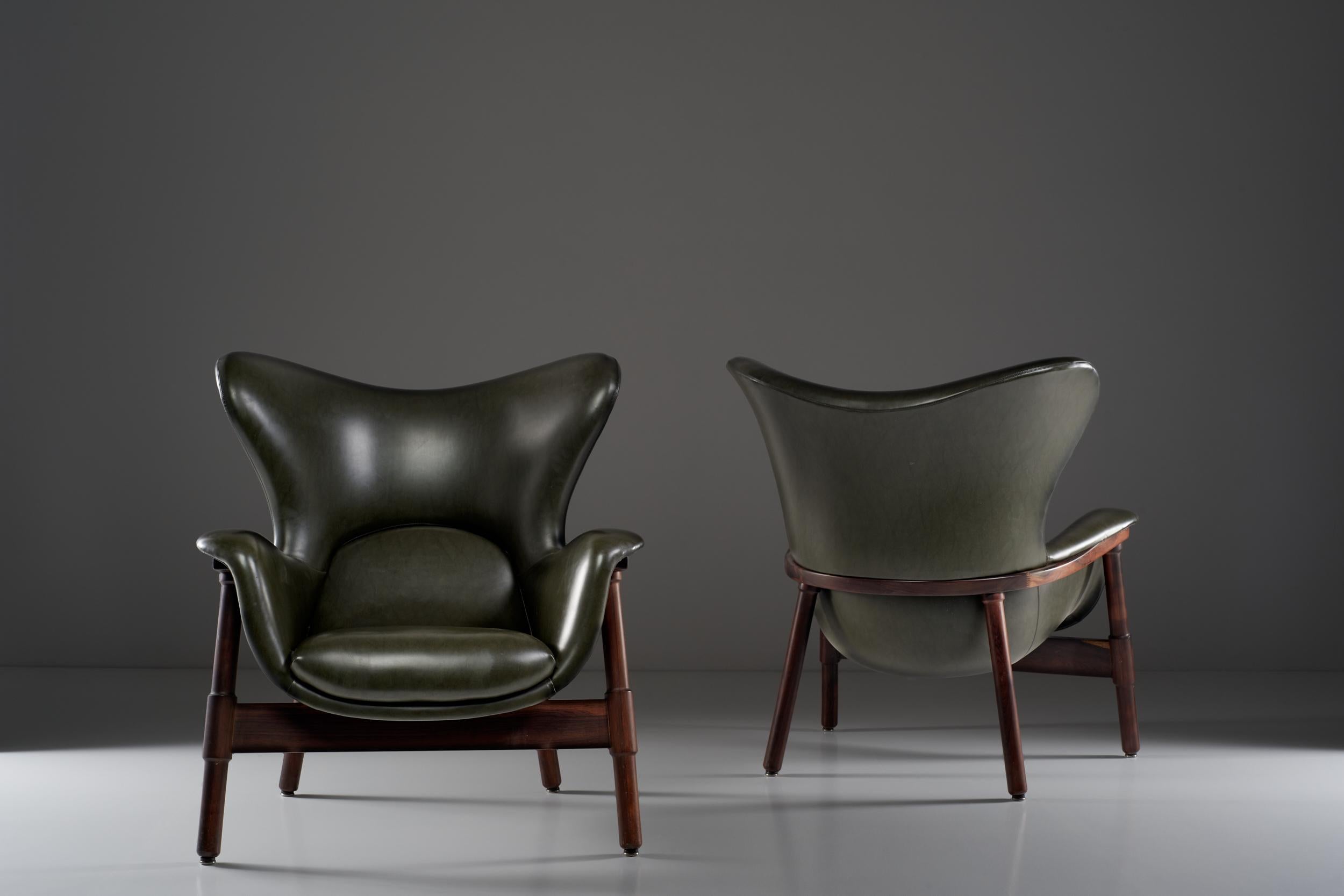 Faux Leather Pair of Synthetic Leather Armchairs and Solid Wood Stands Italian Design, 1950s