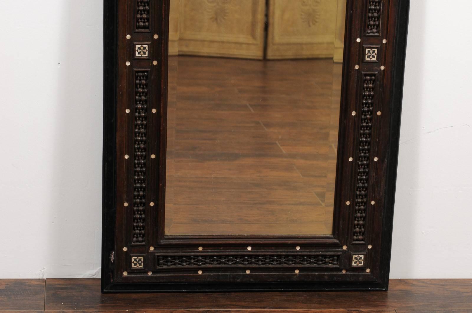 Pair of Syrian Hand-Carved Mirrors with Mother-of-Pearl Inlay, circa 1900 In Good Condition In Atlanta, GA