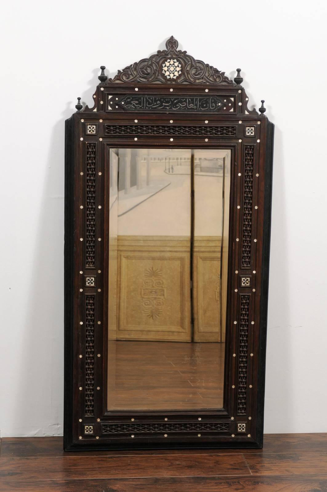 Pair of Syrian Hand-Carved Mirrors with Mother-of-Pearl Inlay, circa 1900 3