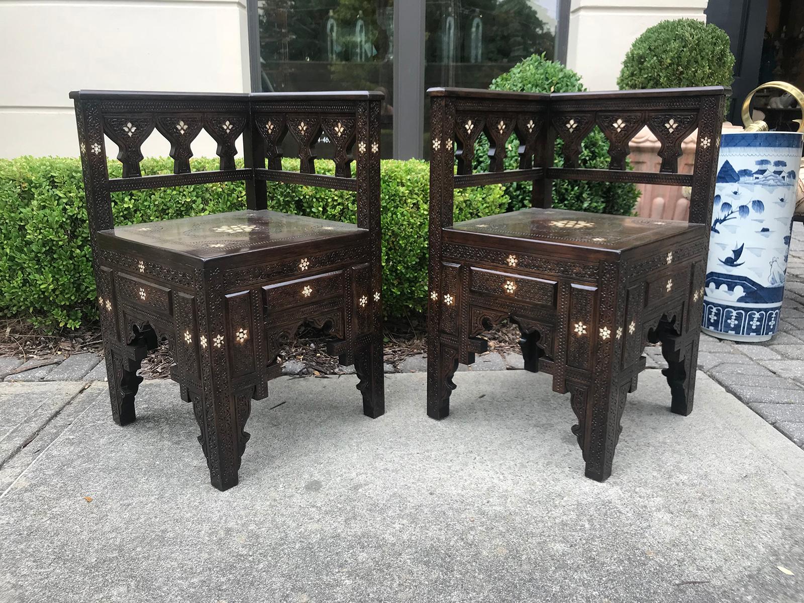 Pair of Syrian Inlaid Corner Chairs, circa 1900 In Good Condition In Atlanta, GA