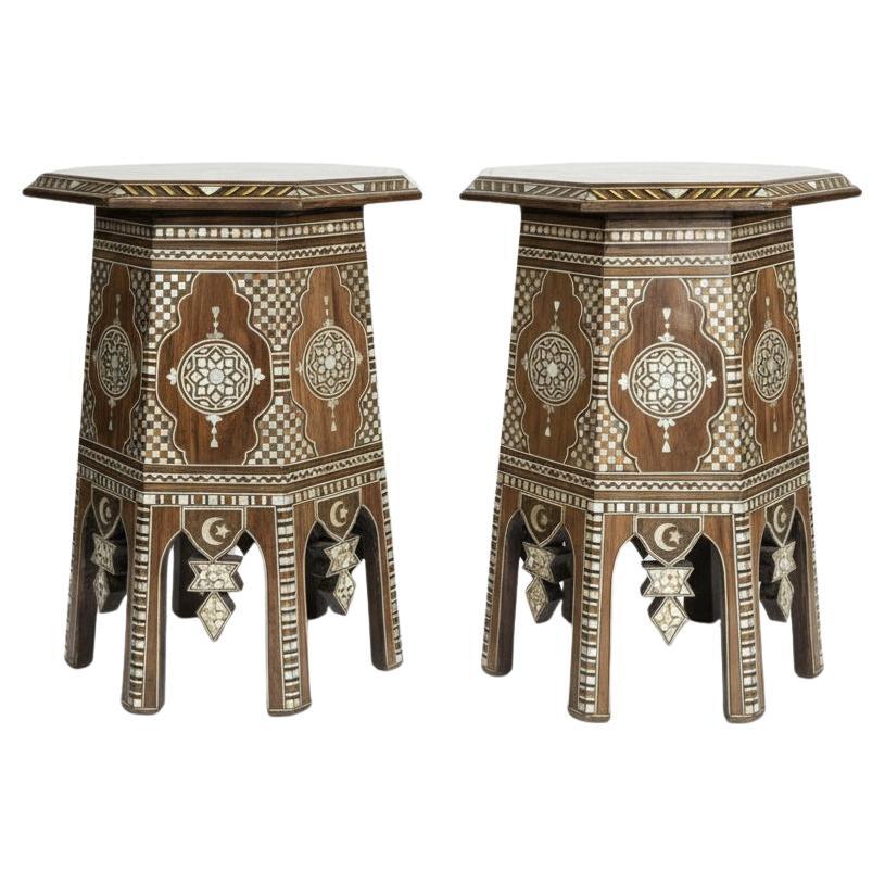 Pair of Syrian Inlaid Side Tables, Moorish Revival, Damascus Tradition For Sale