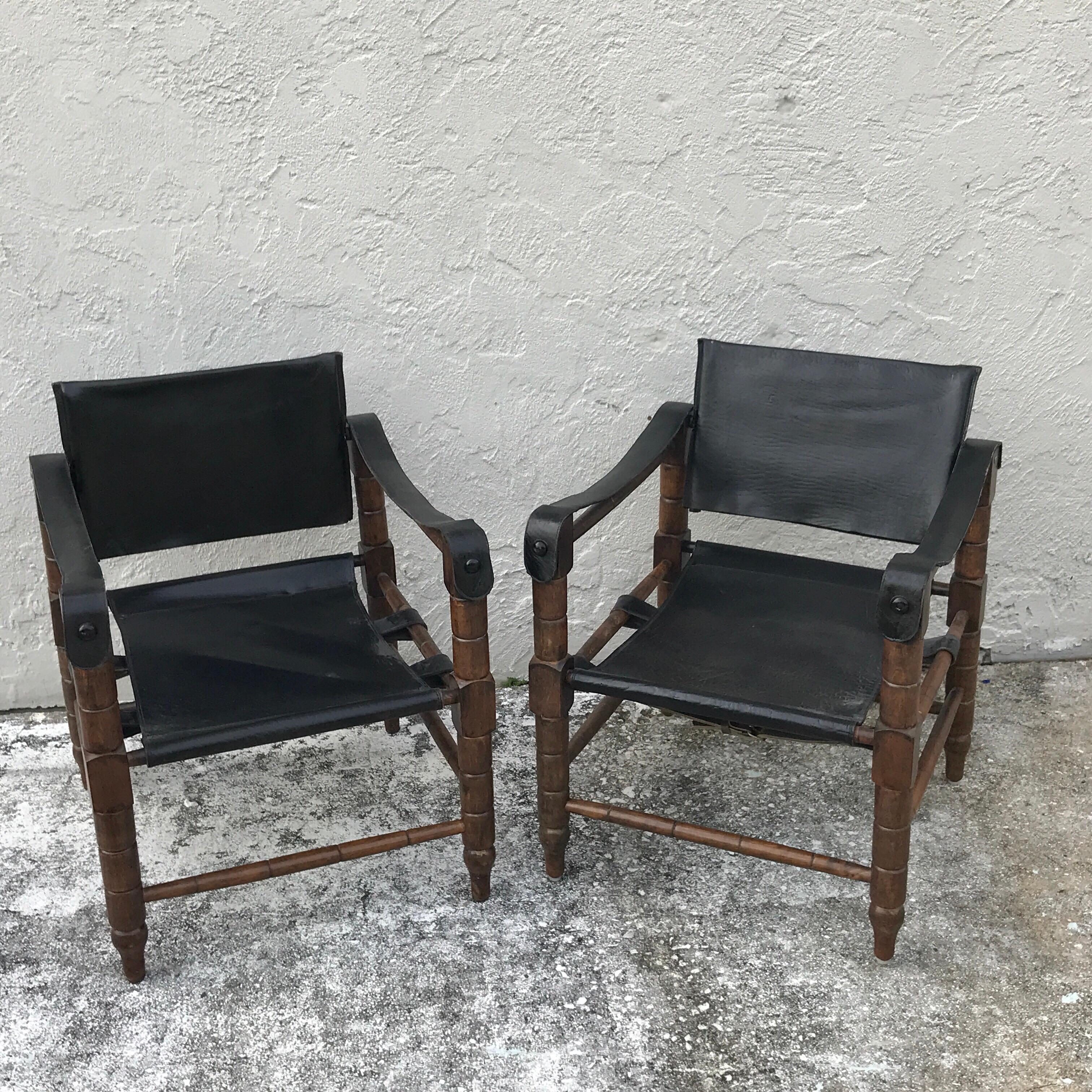 Carved Pair of Syrian Leather Campaign / Safari Chairs
