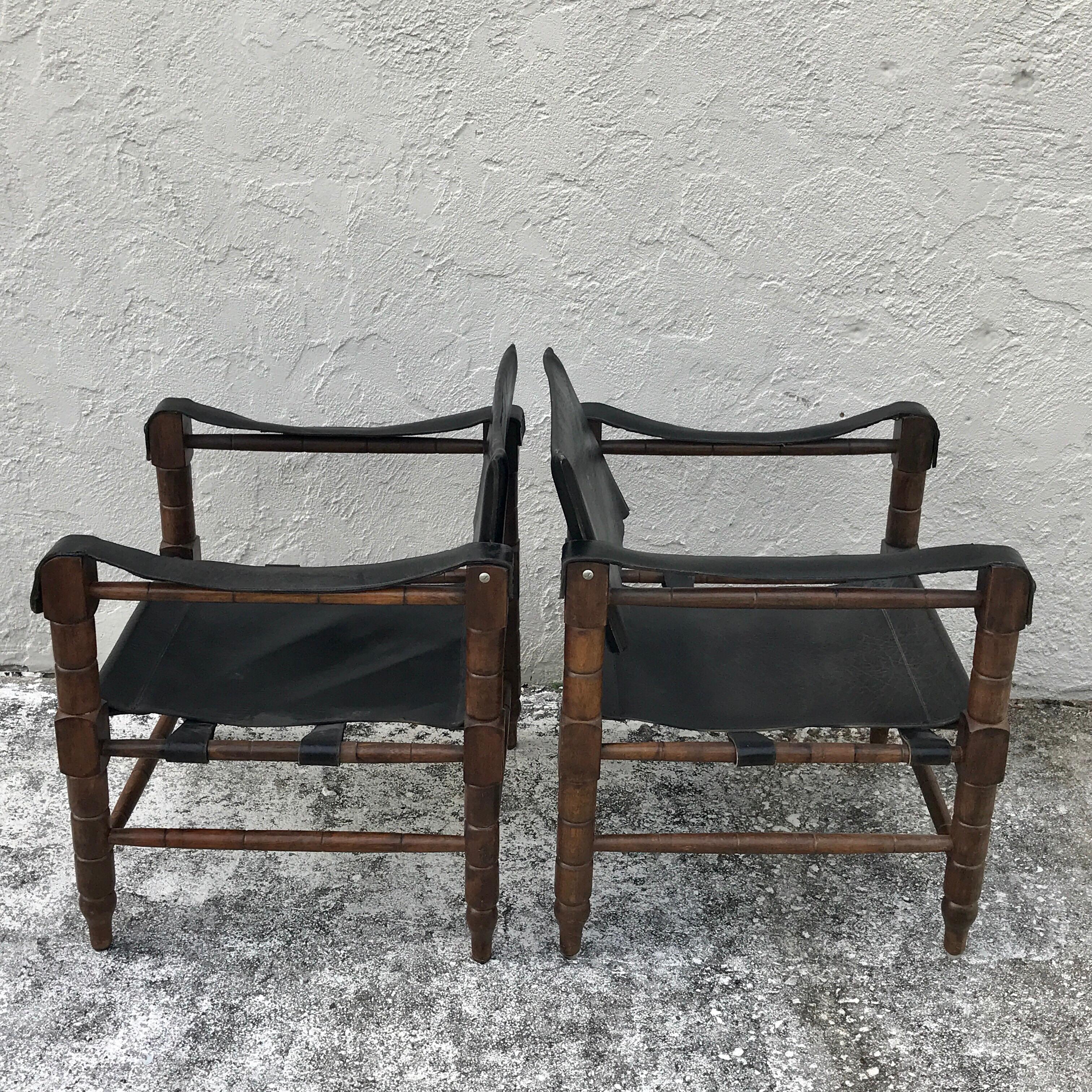 Pair of Syrian Leather Campaign / Safari Chairs In Good Condition In West Palm Beach, FL