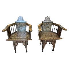 Pair of Syrian Moorish Chairs with Mixed Inlay C.1920