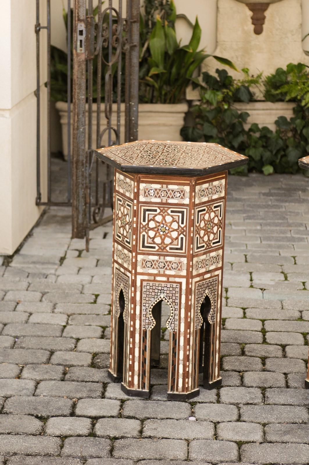 Ebonized Pair of Syrian Moorish Style Side Tables with Inlaid Mother of Pearl and Bone