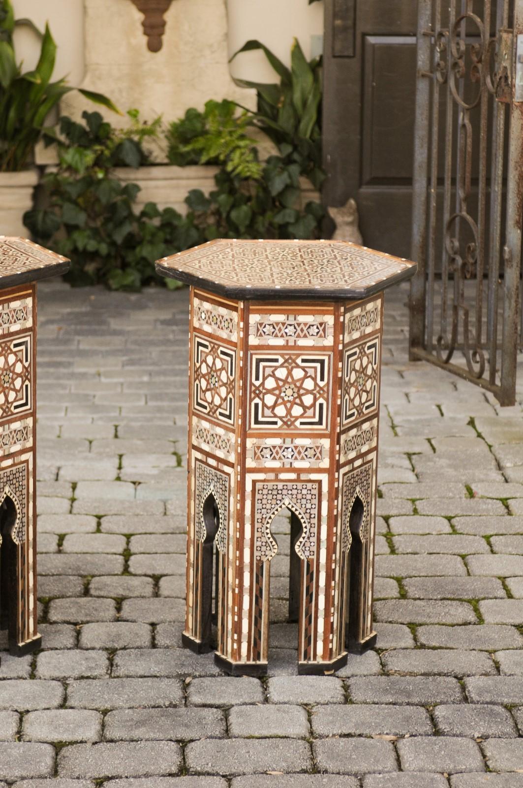 Pair of Syrian Moorish Style Side Tables with Inlaid Mother of Pearl and Bone In Good Condition In Atlanta, GA