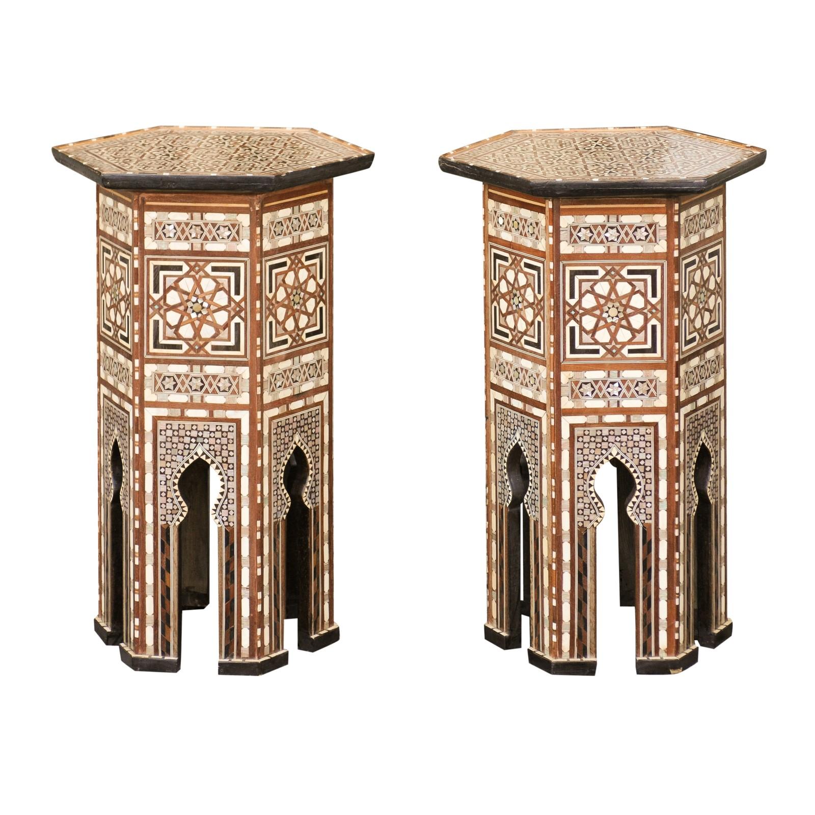 Pair of Syrian Moorish Style Side Tables with Inlaid Mother of Pearl and Bone