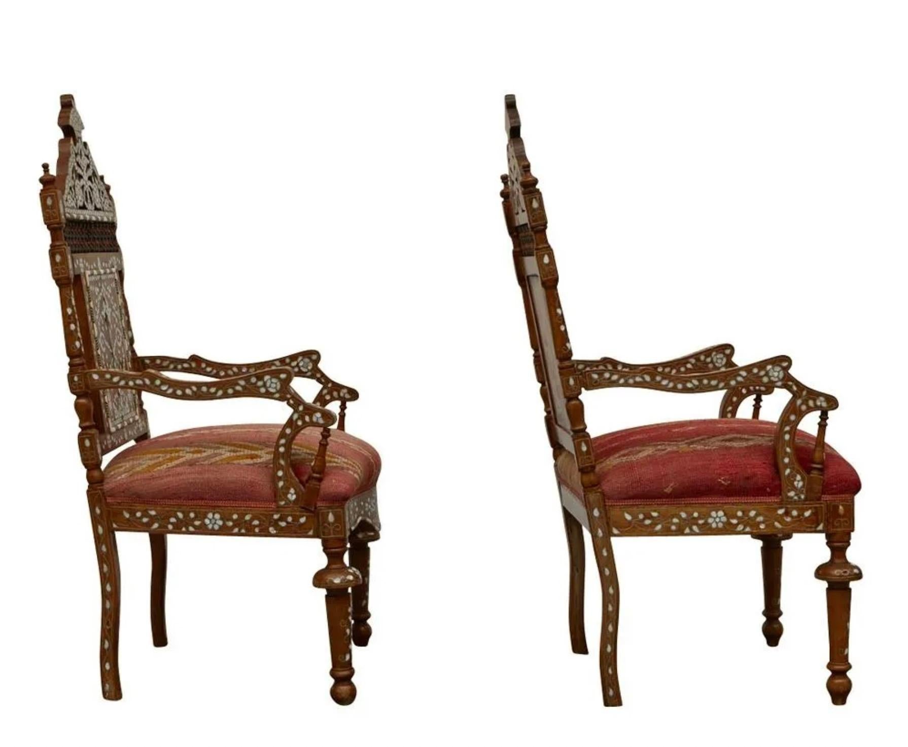 Pair of Syrian Mother of Pearl Inlaid Armchairs  In Good Condition In Dallas, TX