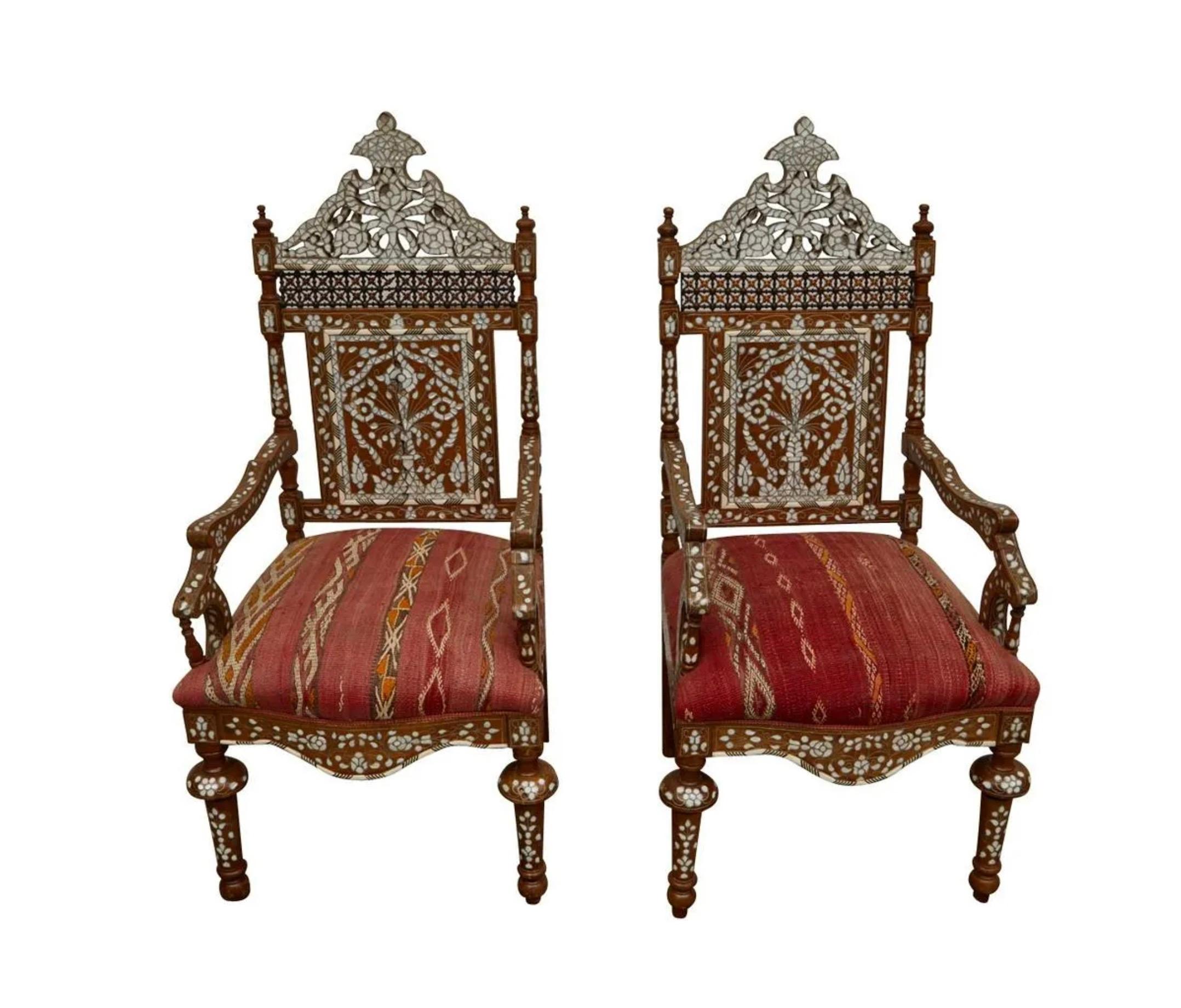 20th Century Pair of Syrian Mother of Pearl Inlaid Armchairs 