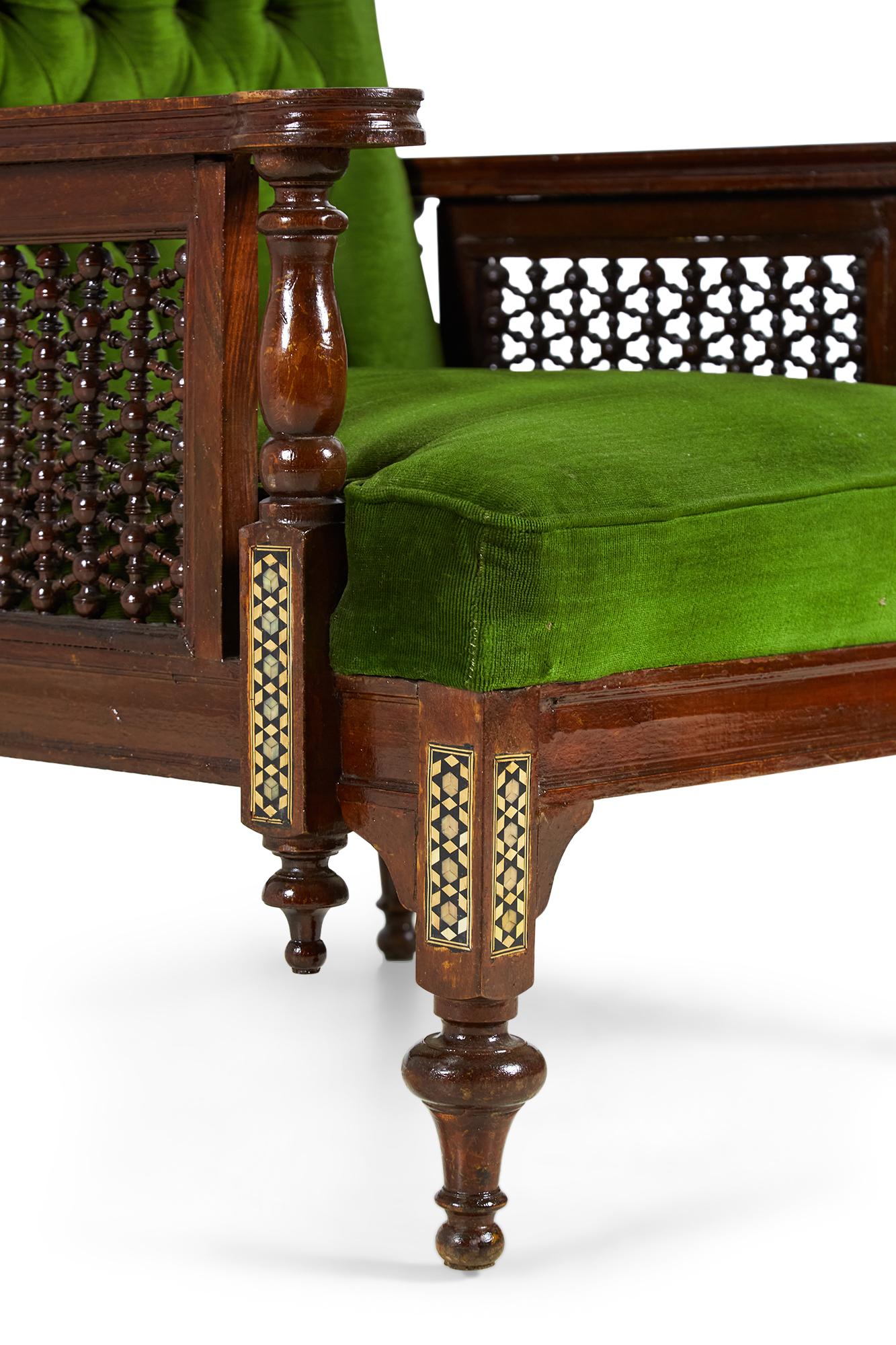 Pair of Syrian Style Inlaid and Upholstered Walnut Armchairs For Sale 3