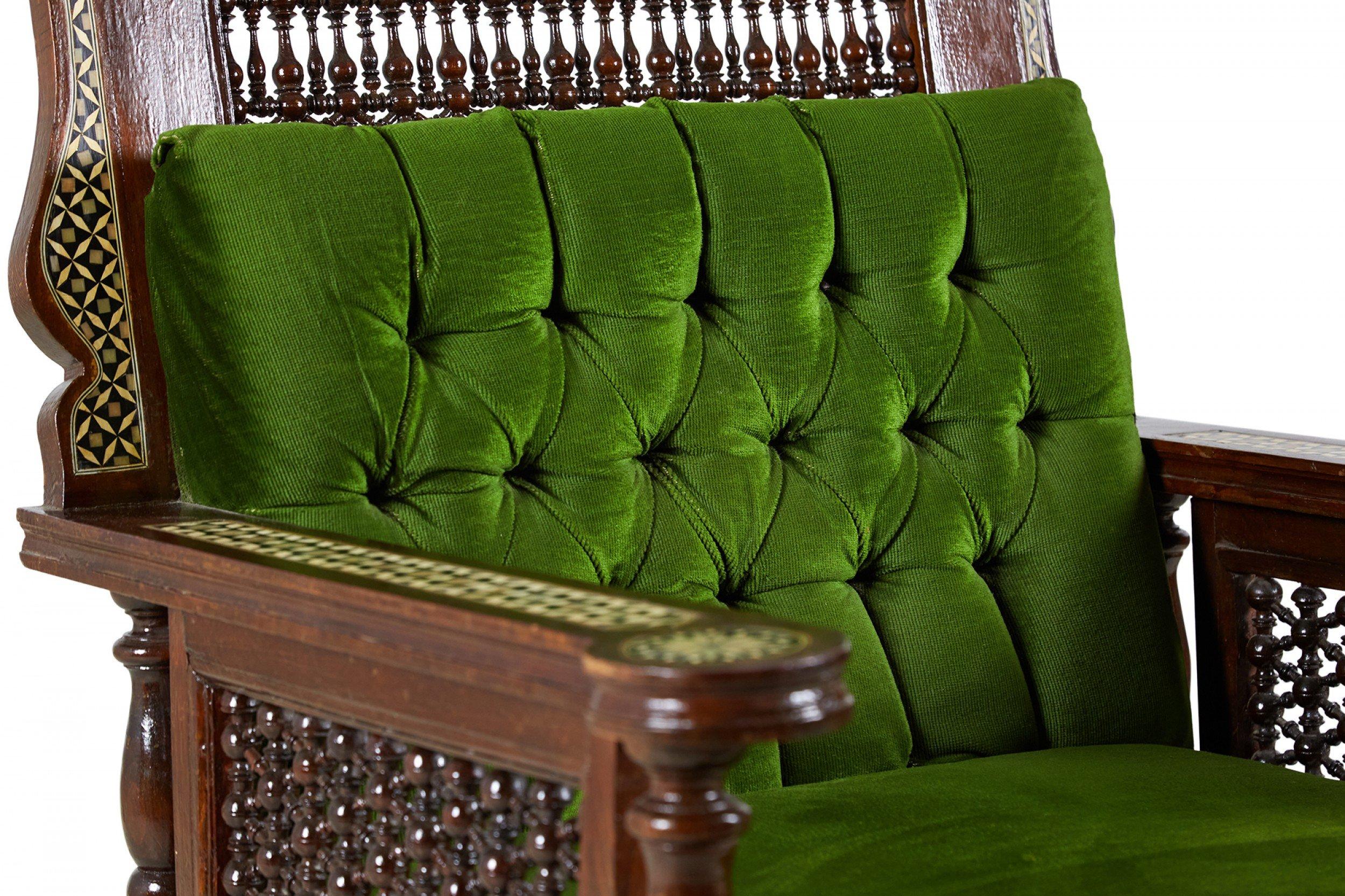 Pair of Syrian Style Inlaid and Upholstered Walnut Armchairs For Sale 8