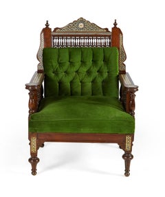 Pair of Syrian Style Inlaid and Upholstered Walnut Armchairs