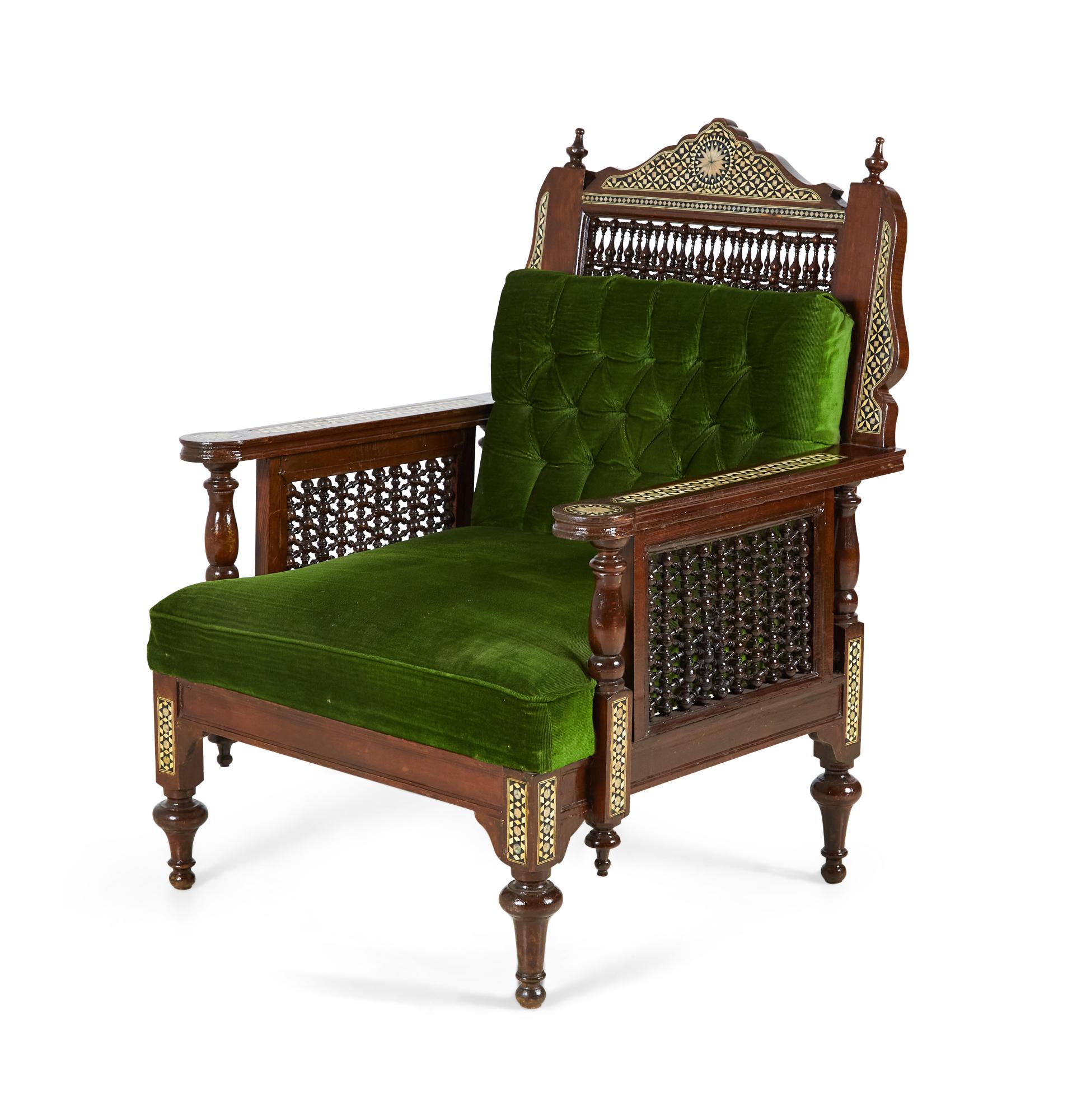 Moorish Pair of Syrian Style Inlaid and Upholstered Walnut Armchairs For Sale