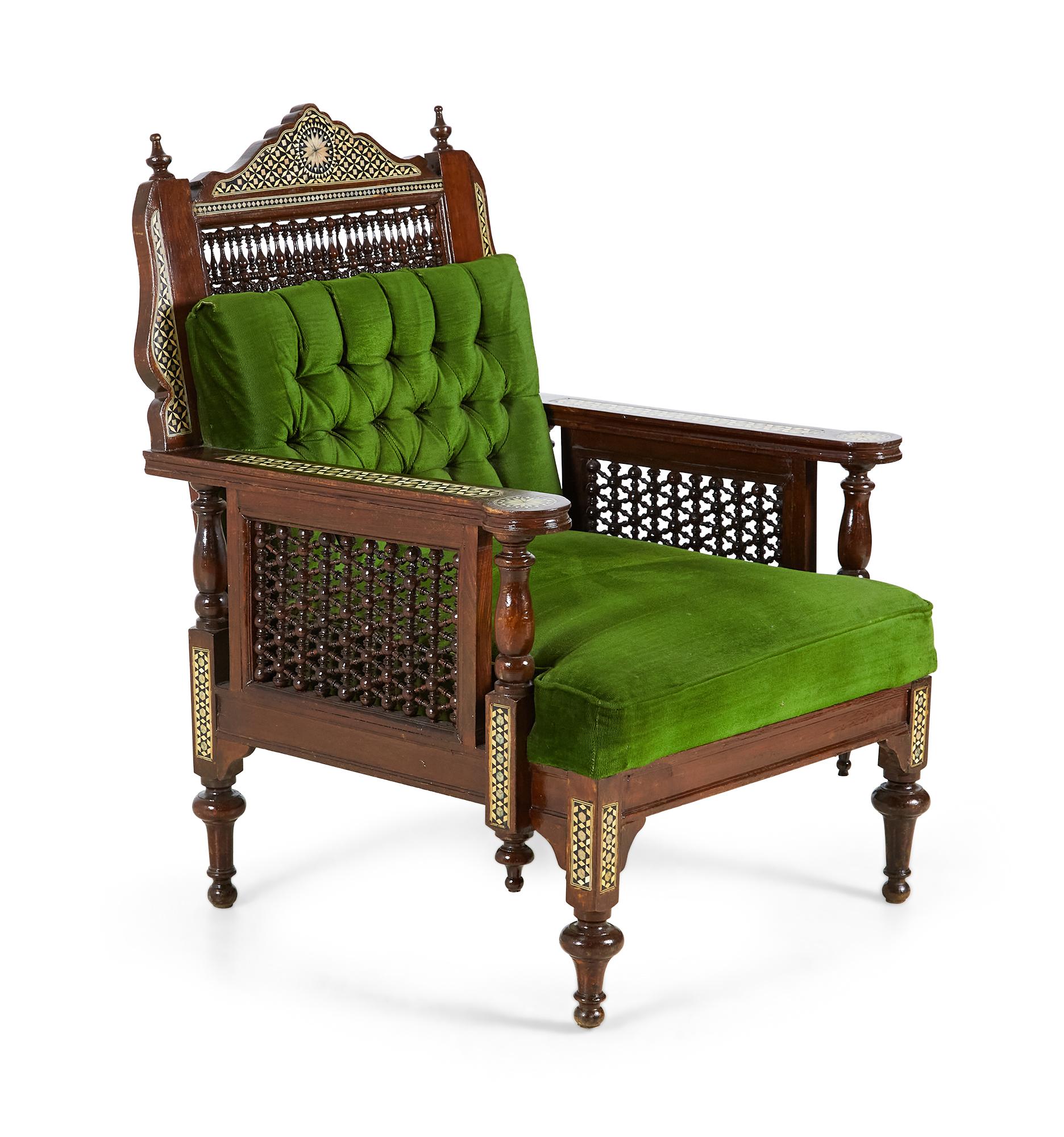 Pair of Syrian Style Inlaid and Upholstered Walnut Armchairs For Sale 2