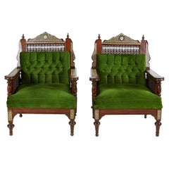 Pair of Syrian Style Inlaid and Upholstered Walnut Armchairs